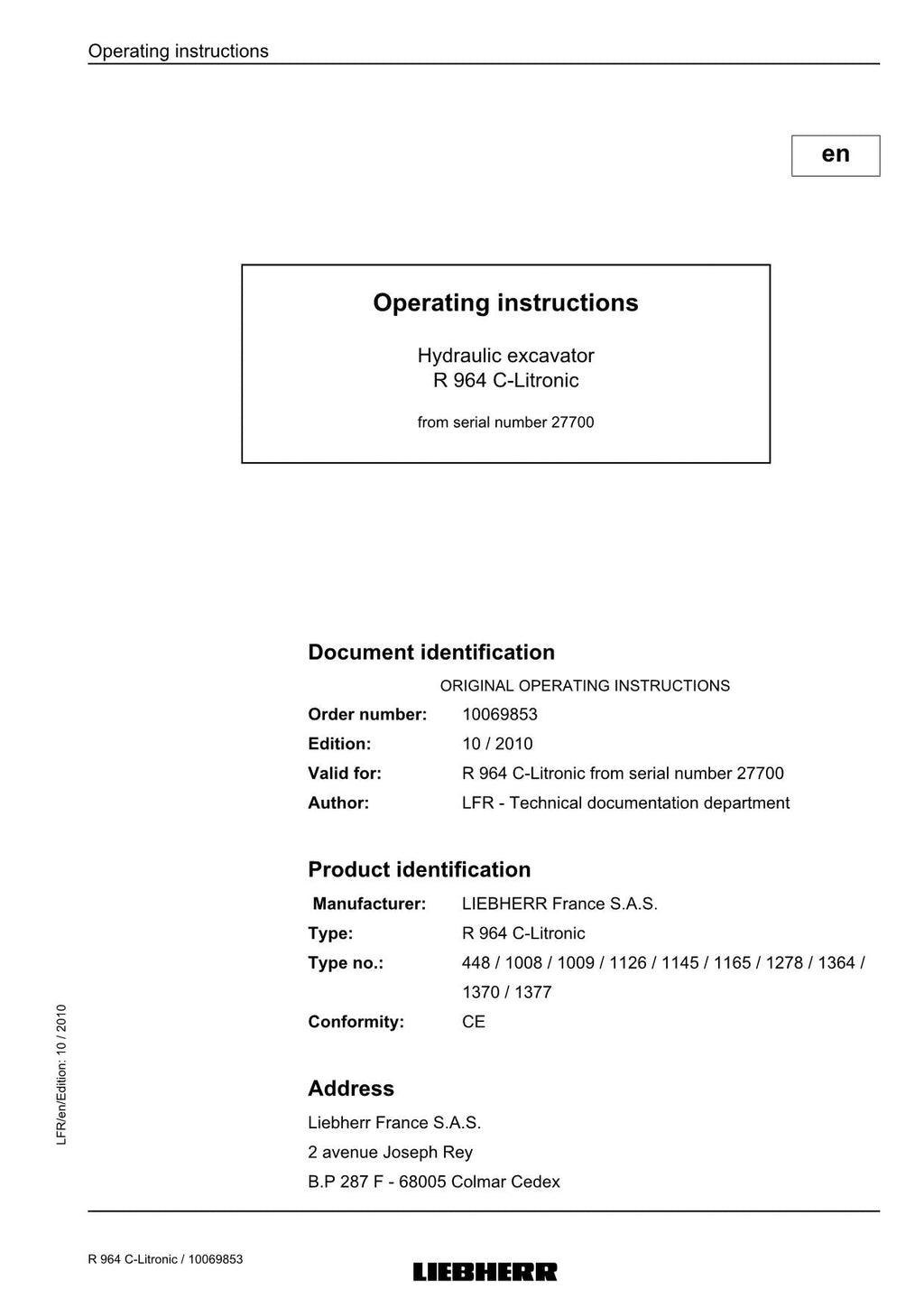 Liebherr R964 C-Litronic Excavator Operators manual serial 27700
