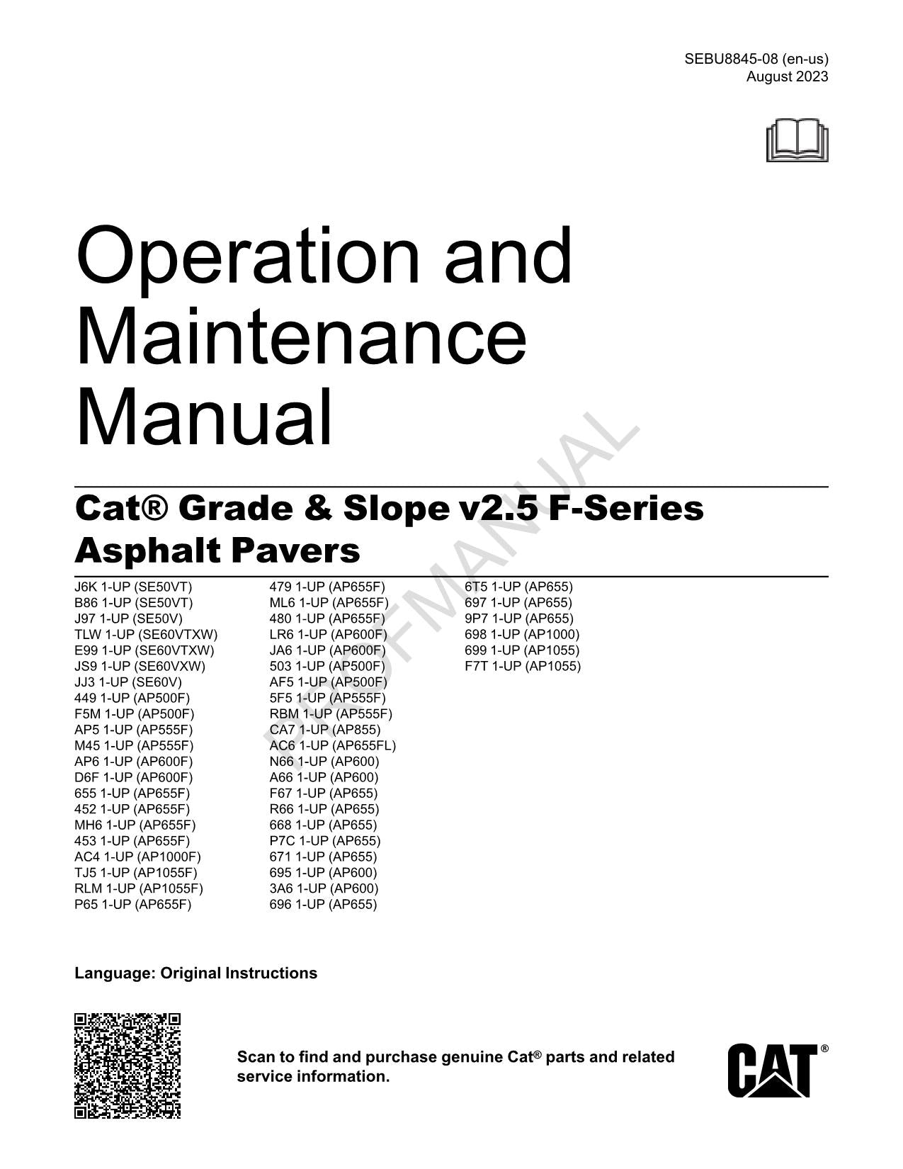 Manual de mantenimiento del operador de la pavimentadora de asfalto Caterpillar Grade Slope v2.5 Serie F