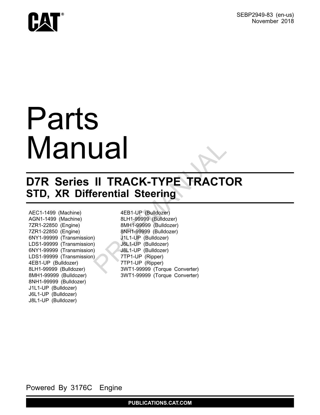 Caterpillar Cat D7R Series II Track Type Tractor Parts Catalog Manual SEBP2949