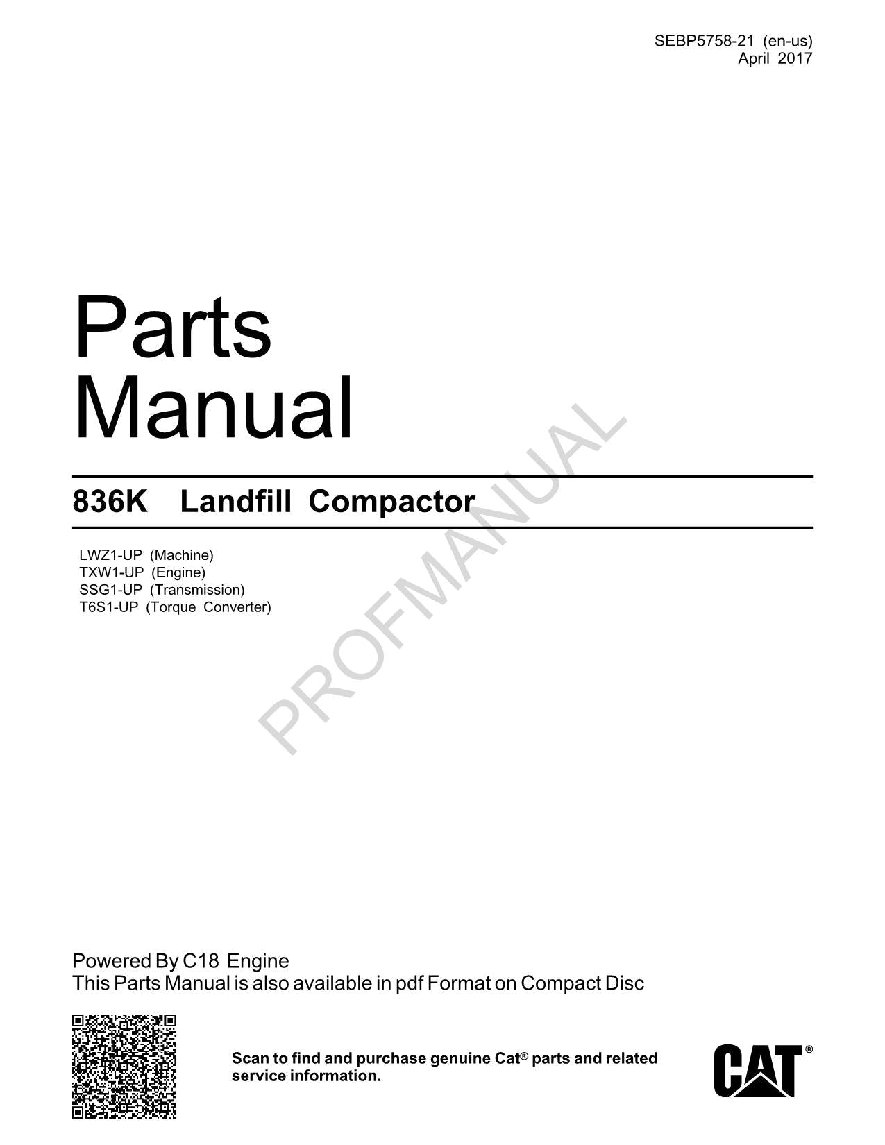 Caterpillar Cat 836K Landfill Compactor Parts Catalog Manual SEBP5758