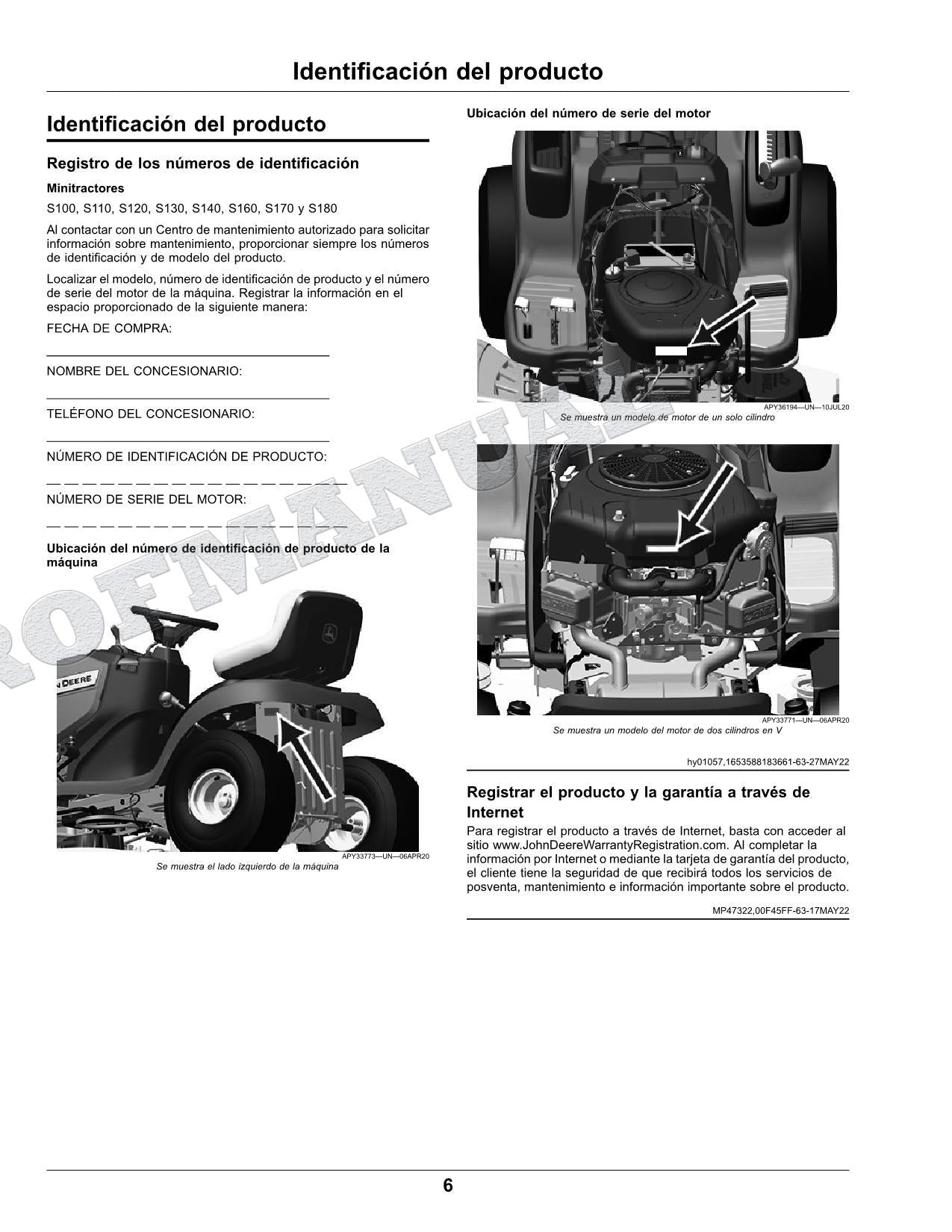 John Deere S100 S110 S120 S130 S140 S160 S170 S180 Tractor Manual del Operador