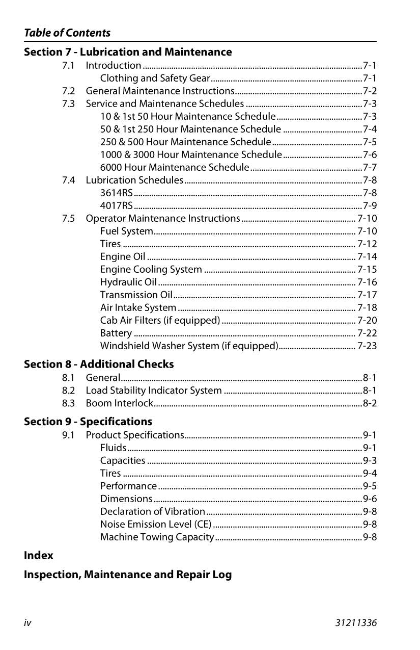 Manual del operador de mantenimiento y operación del manipulador telescópico JLG 3614RS 4017RS 31211336