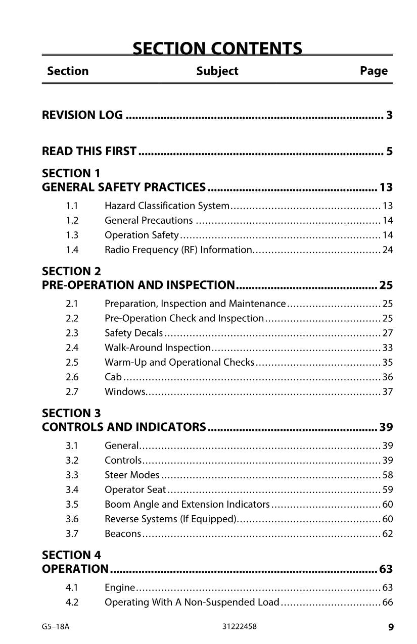Manual del operador de mantenimiento y operación del manipulador telescópico JLG G5-18A 31222458