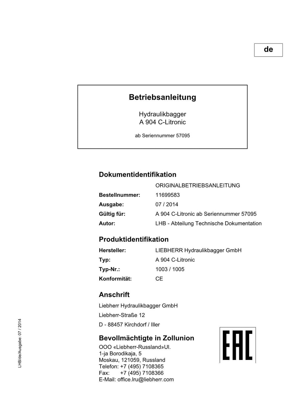 Liebherr A904 C-Litronic Hydraulikbagger Betriebsanleitung 11699583