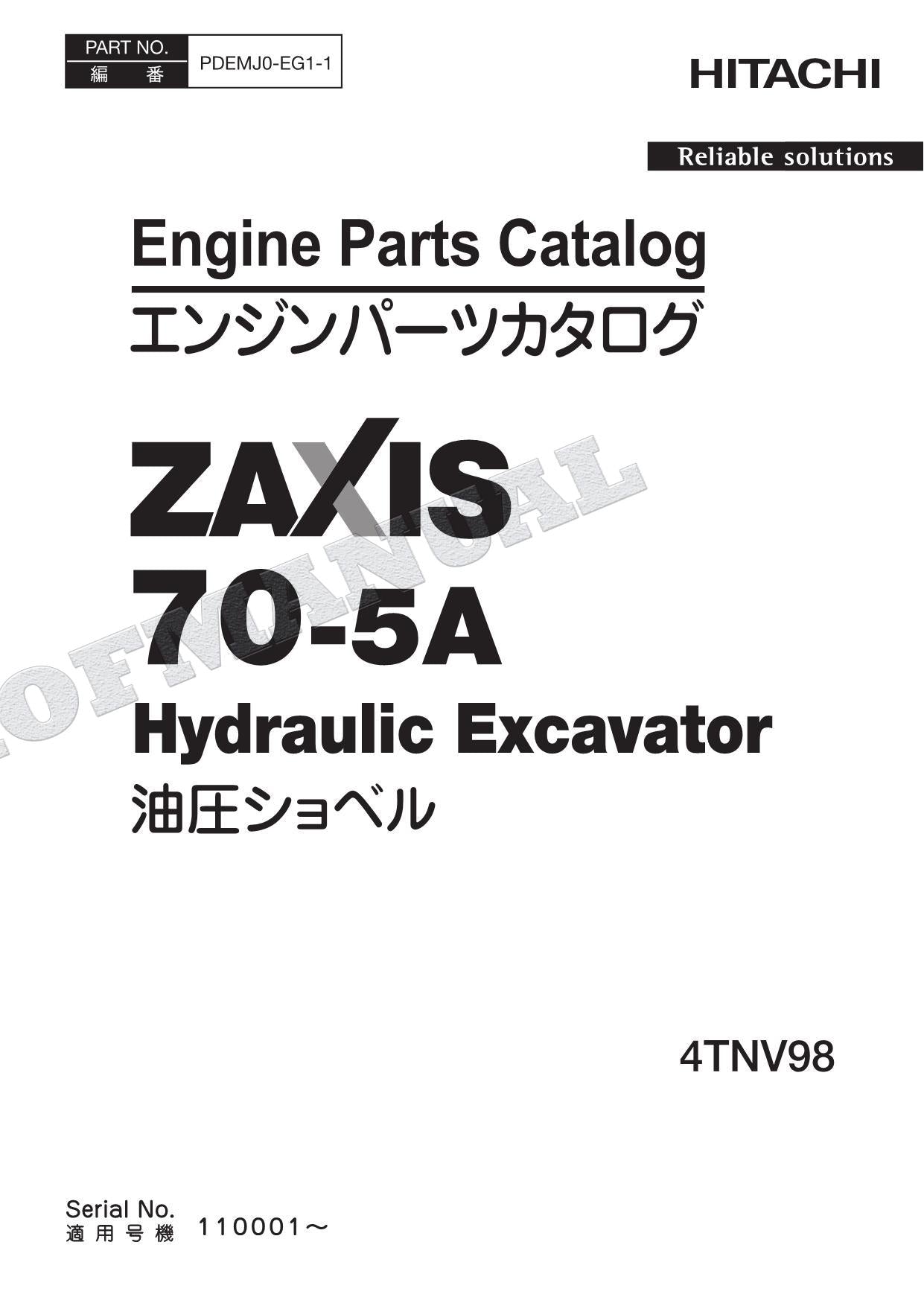 HITACHI ZAXIS ZX70-5A 4TNV98 Engine Parts Catalog Manual