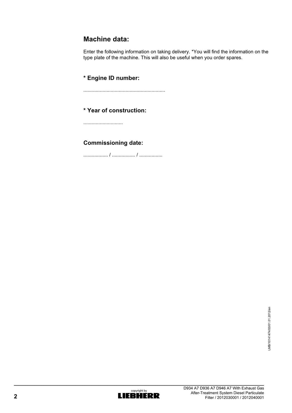 Liebherr D934 D936 D946 A7 Exhaust Gas Treatment System engine Operators manual