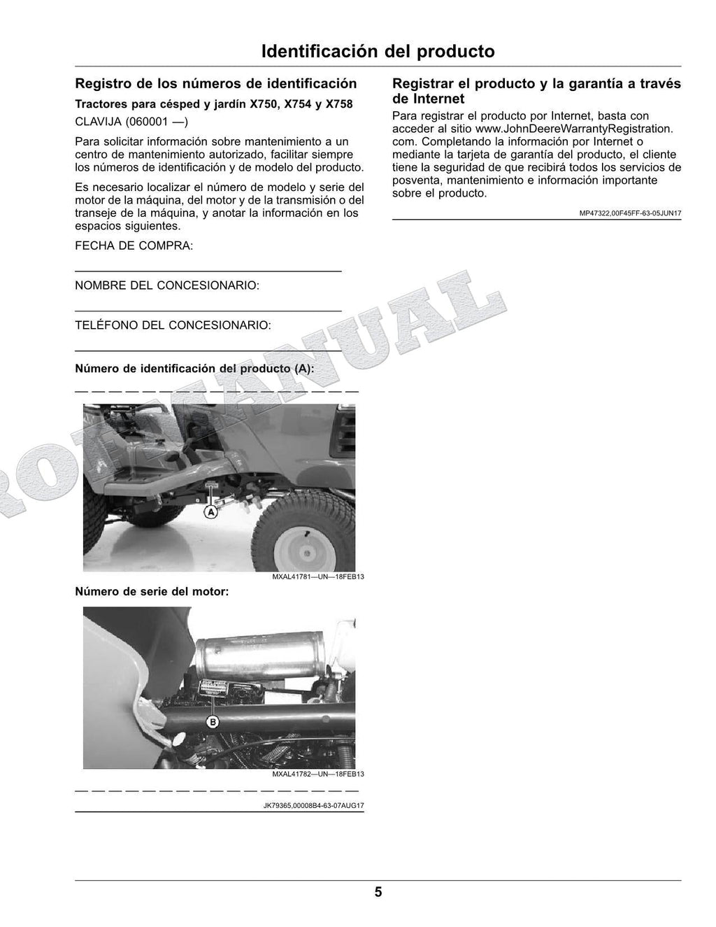 John Deere X750 X754 X758 Tractor Manual del Operador Español SN 060001-
