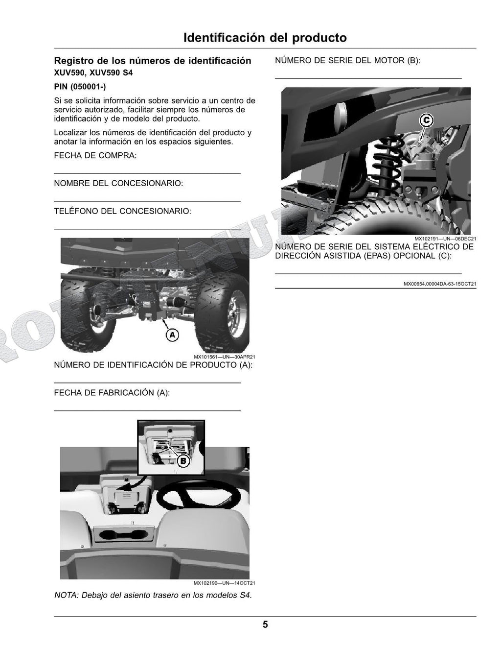 John Deere XUV 590M S4 XUV 590E S4 cocodrilo Manual del operador SN 050001-