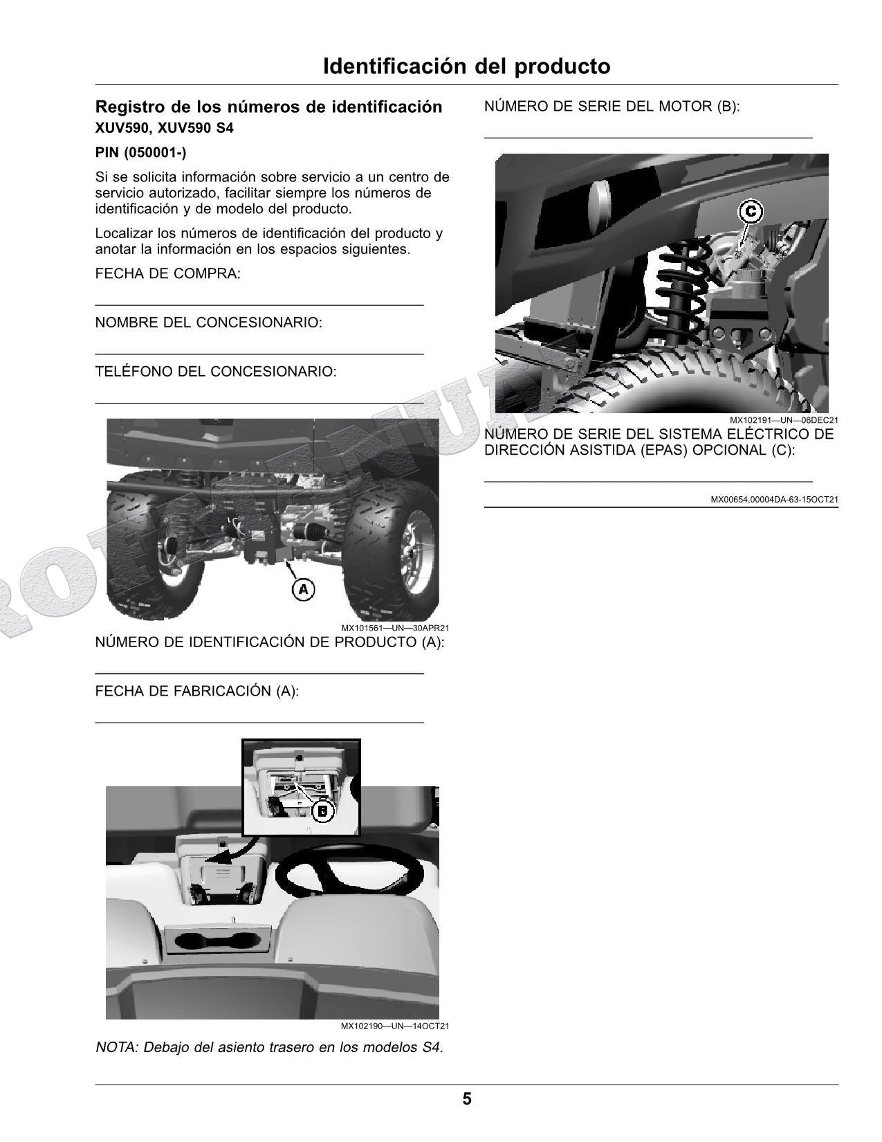 John Deere XUV 590M S4 XUV 590E S4 cocodrilo Manual del operador SN 050001-