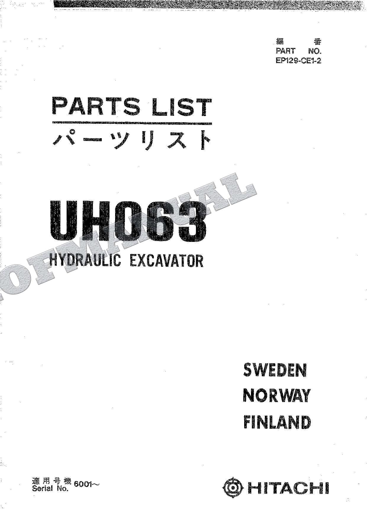 HITACHI UH063 SWEDEN NORWAY FINLAND Excavator Parts Catalog Manual EP129-CE1-2