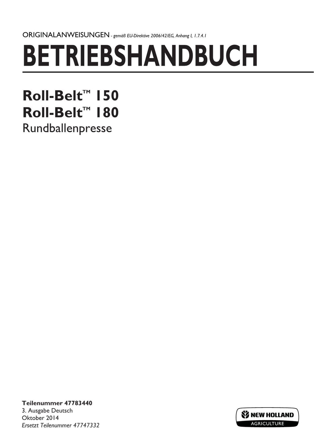 New Holland ROLL-BELT 150 180 Rundballenpresse Betriebsanleitung