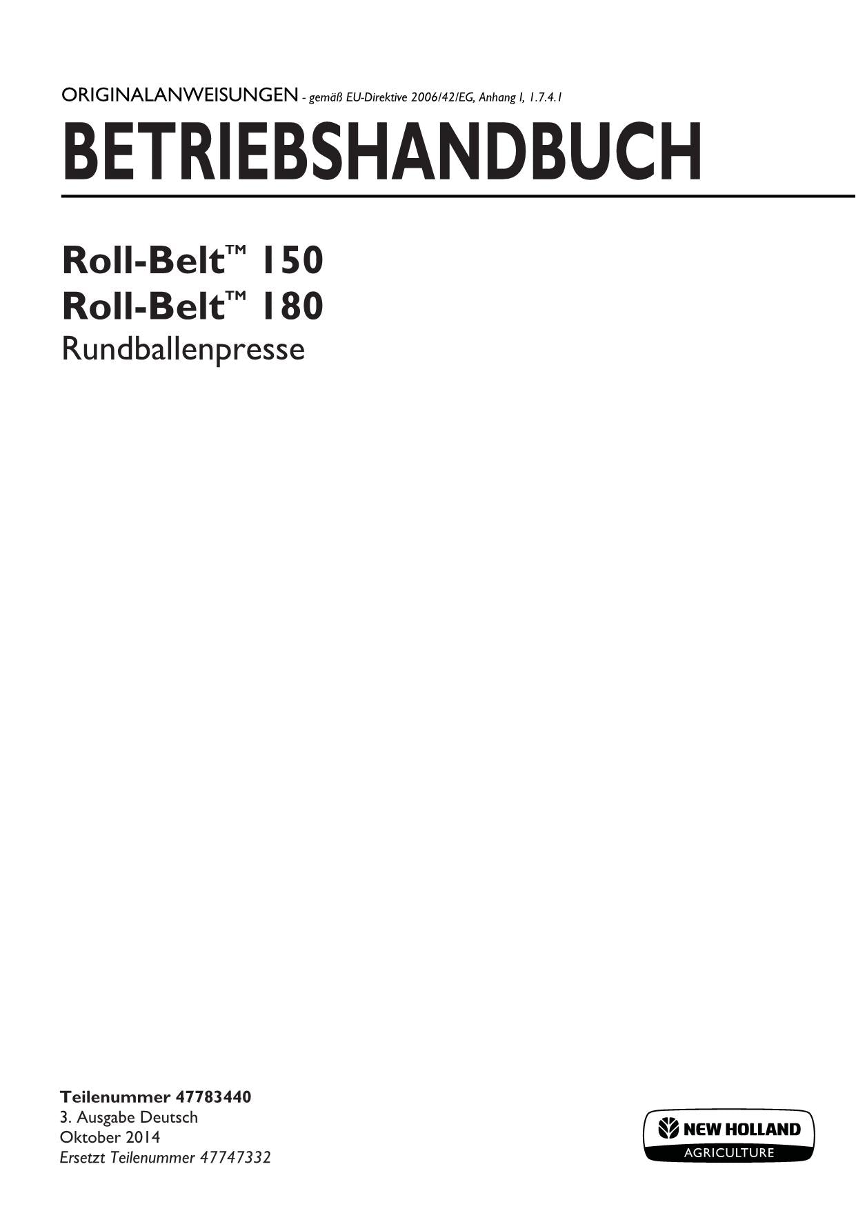 New Holland ROLL-BELT 150 180 Rundballenpresse Betriebsanleitung