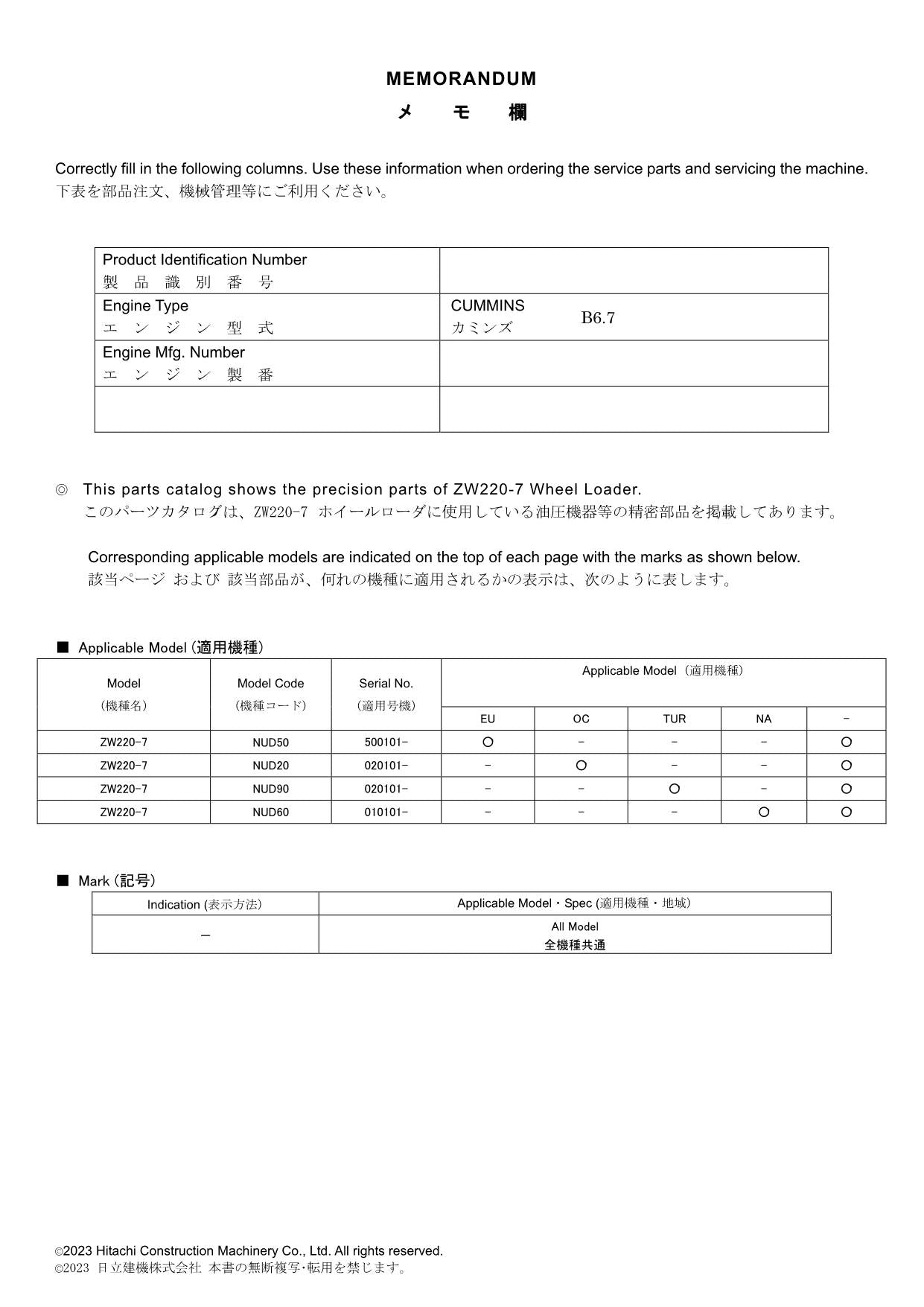 Hitachi ZW220-7 Equipment Component Wheel Loader Parts Catalog Manual