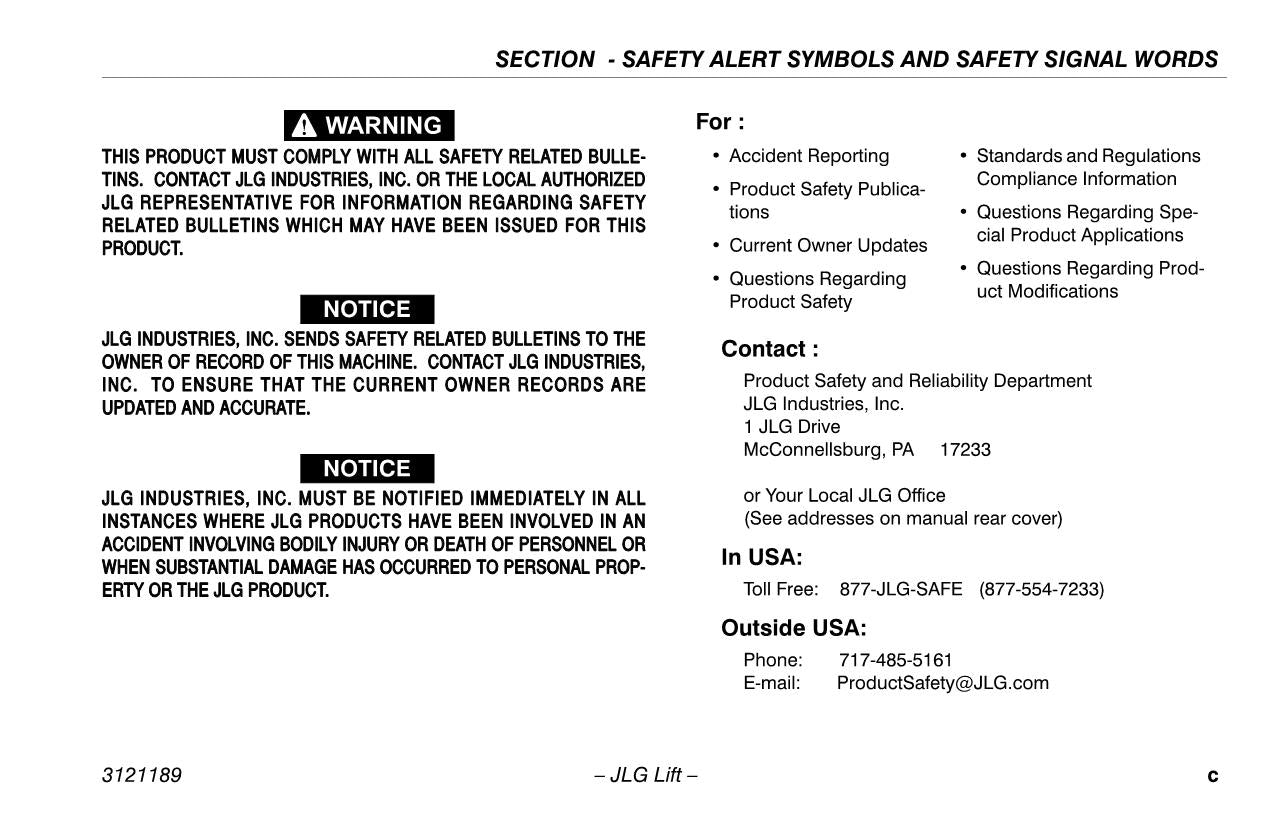 JLG 19AMI Vertical Mast Maintenance Operation Operators Manual