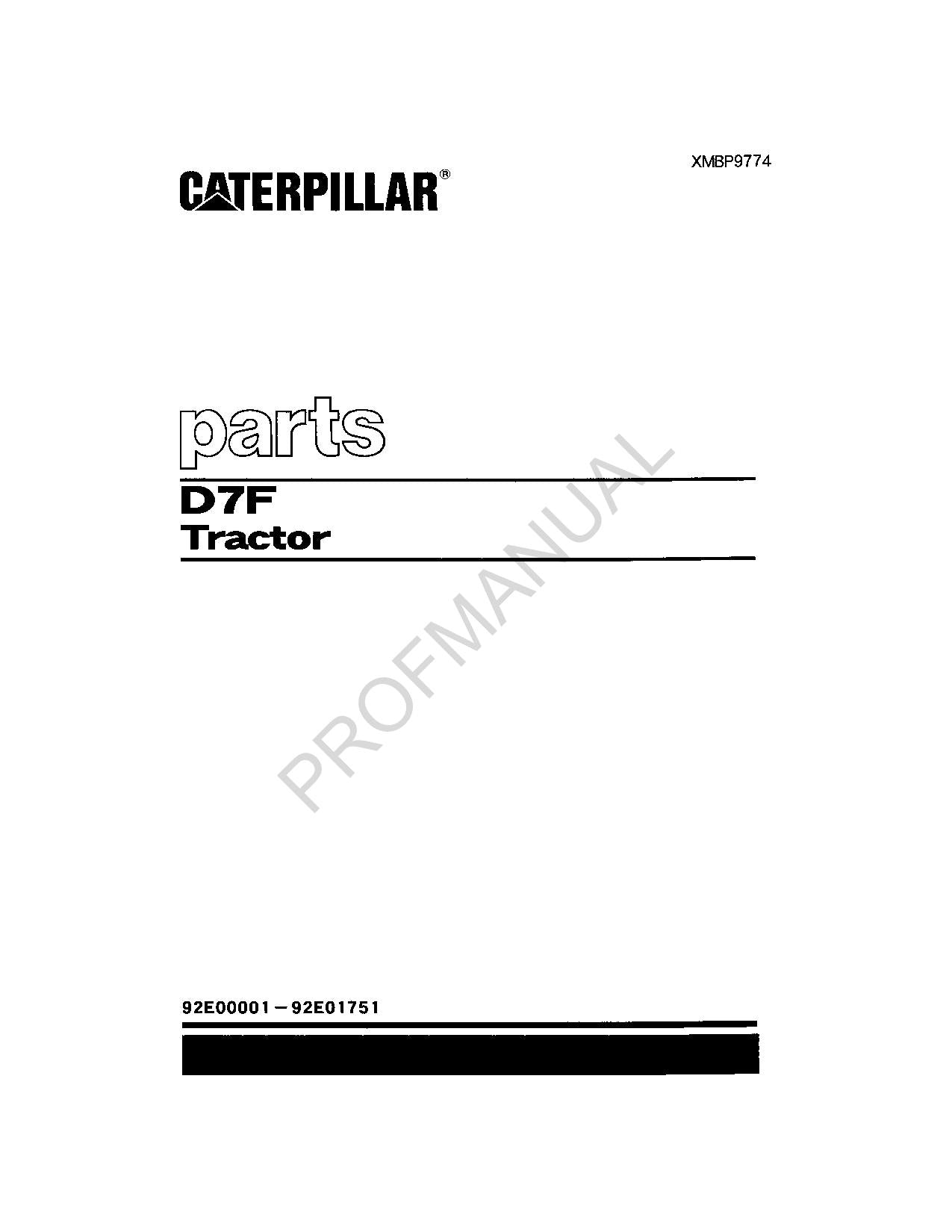 Caterpillar Cat D7F Tractor Parts Catalog Manual ser 92E1-1751