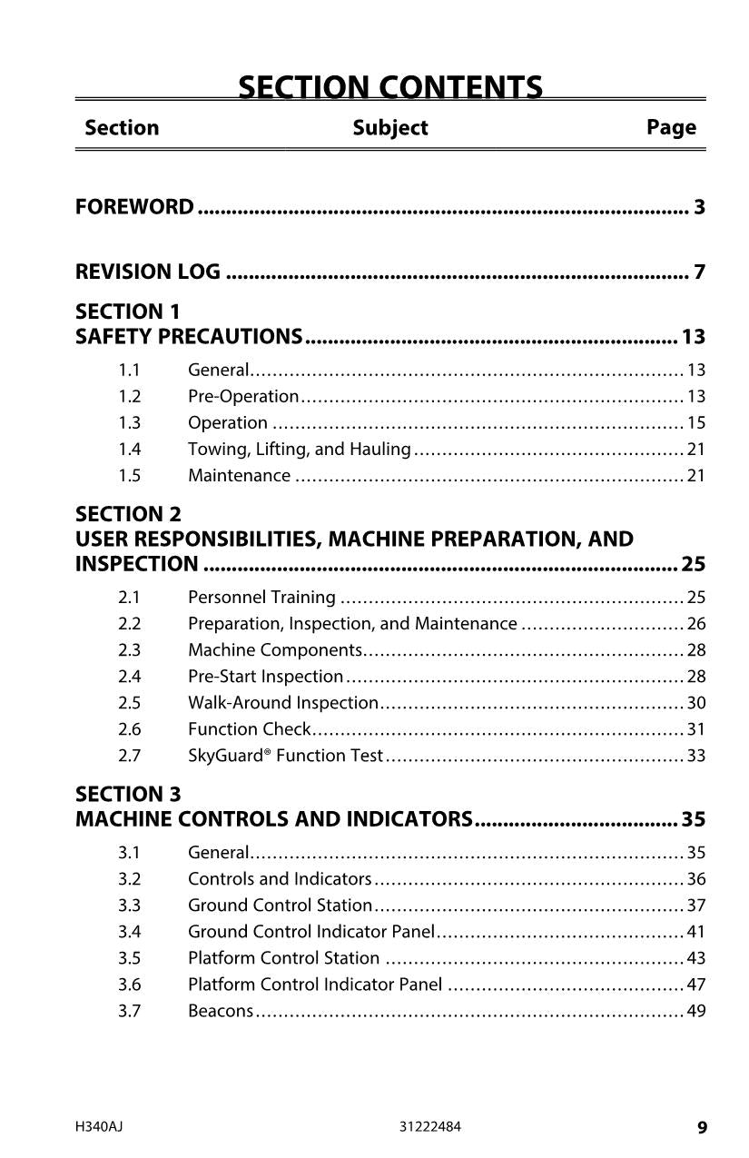 Manual del operador de mantenimiento y operación de la plataforma elevadora JLG H340AJ 31222484