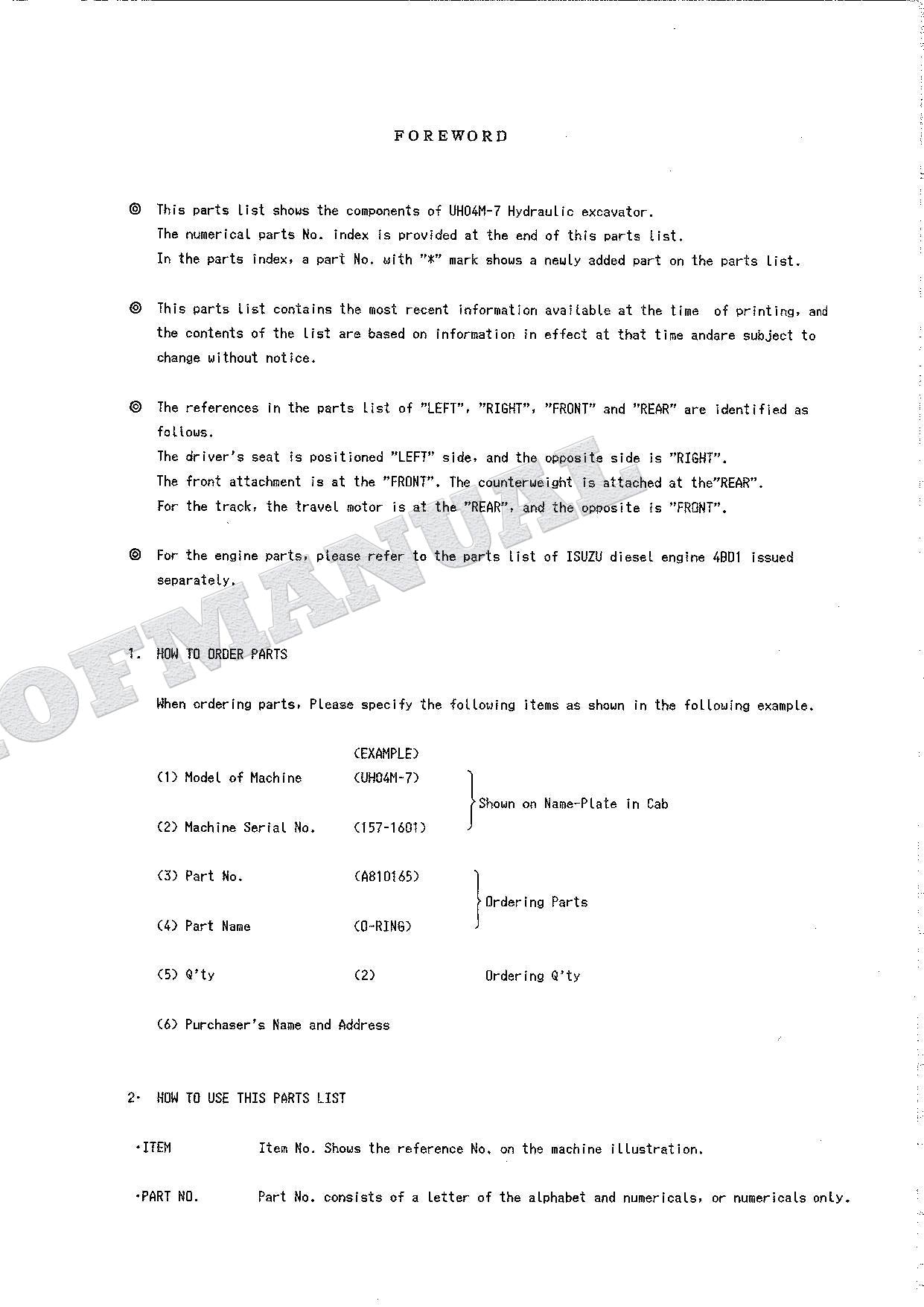 HITACHI UH04M-7 Excavator Parts Catalog Manual P157-3-1