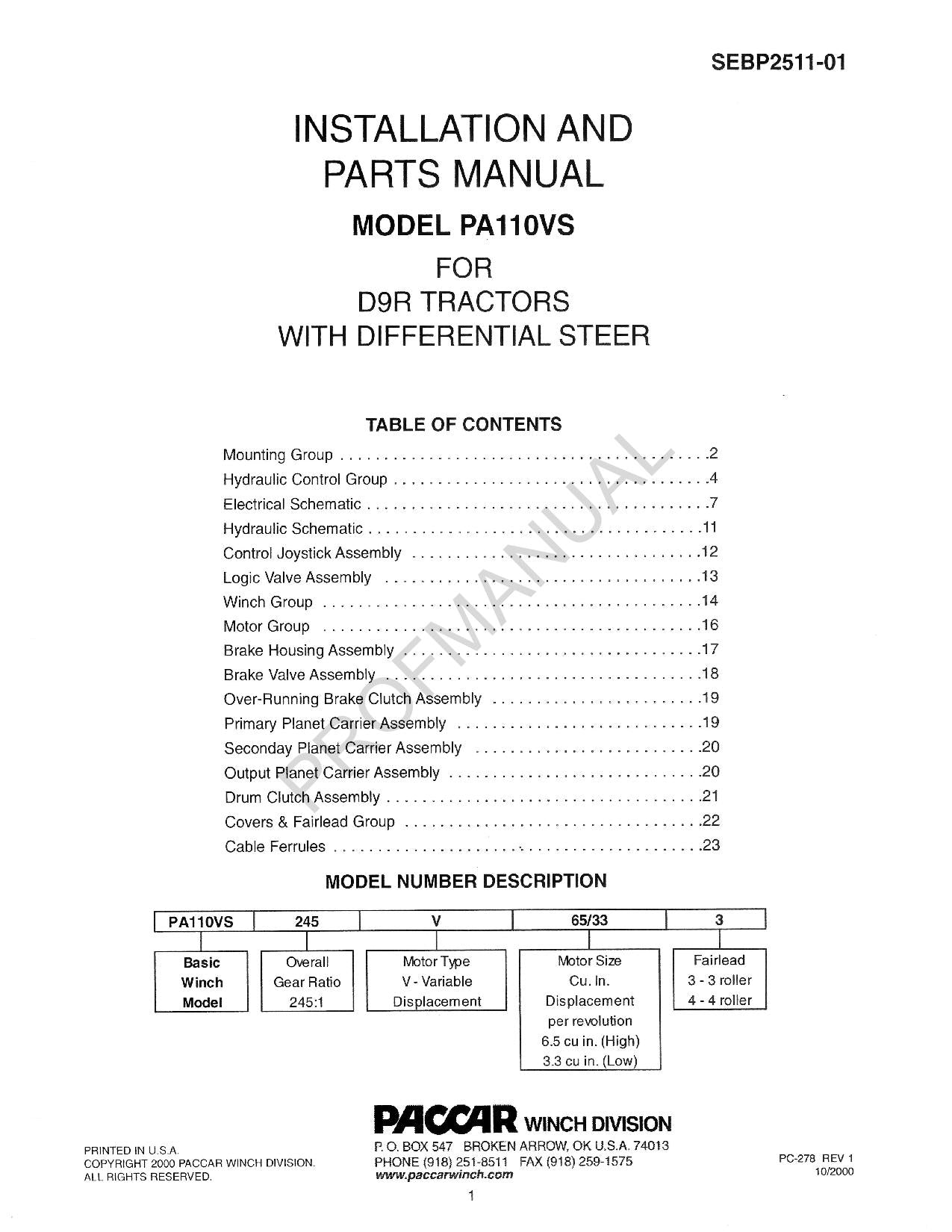 Caterpillar Cat PA110VS D9R Tractor Differential Steering Parts Catalog Manual