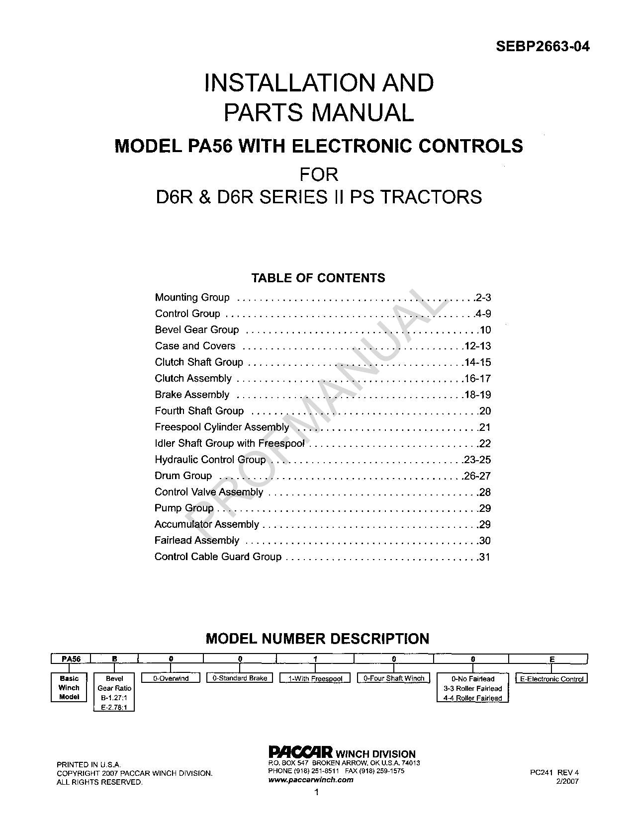 Caterpillar Model PA56 Electronic Controls D6R PS Tractor Parts Catalog Manual