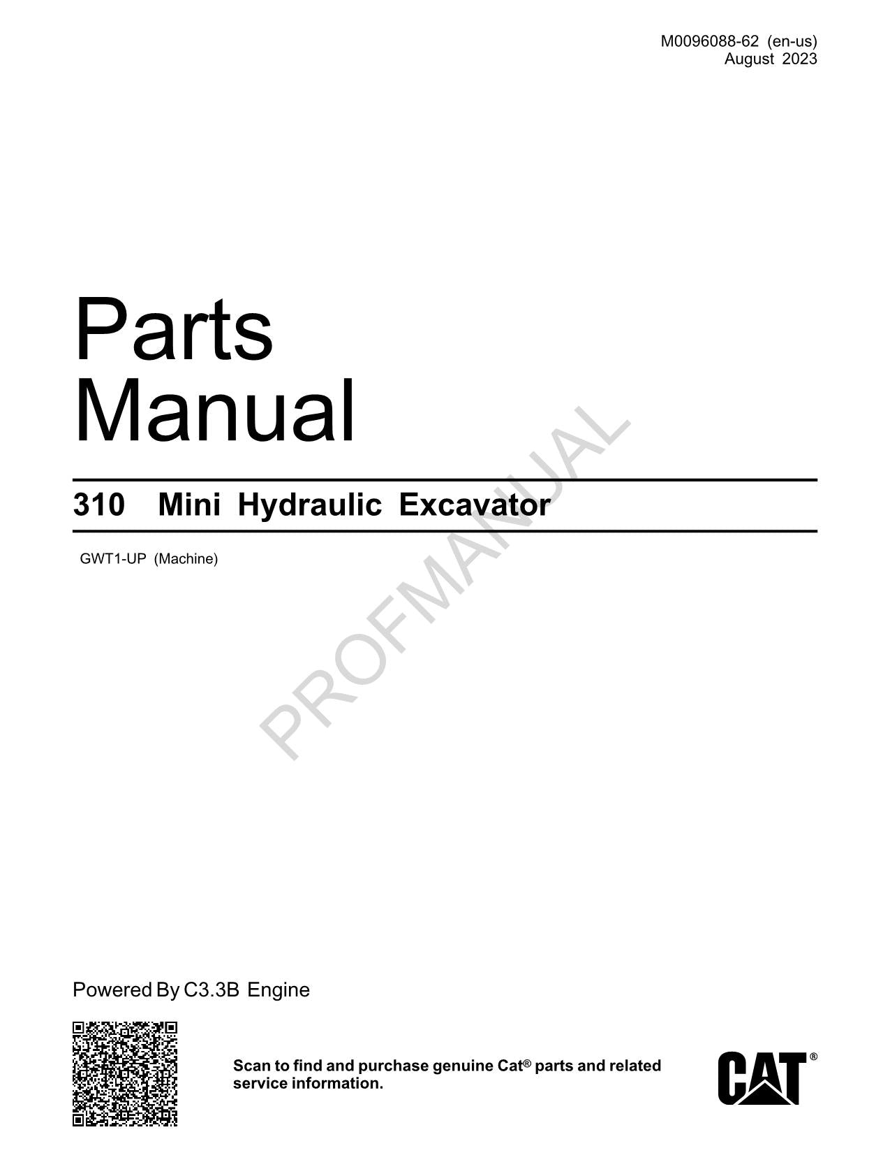 Caterpillar Cat 310 Mini Hydraulic Excavator Parts Catalog Manual