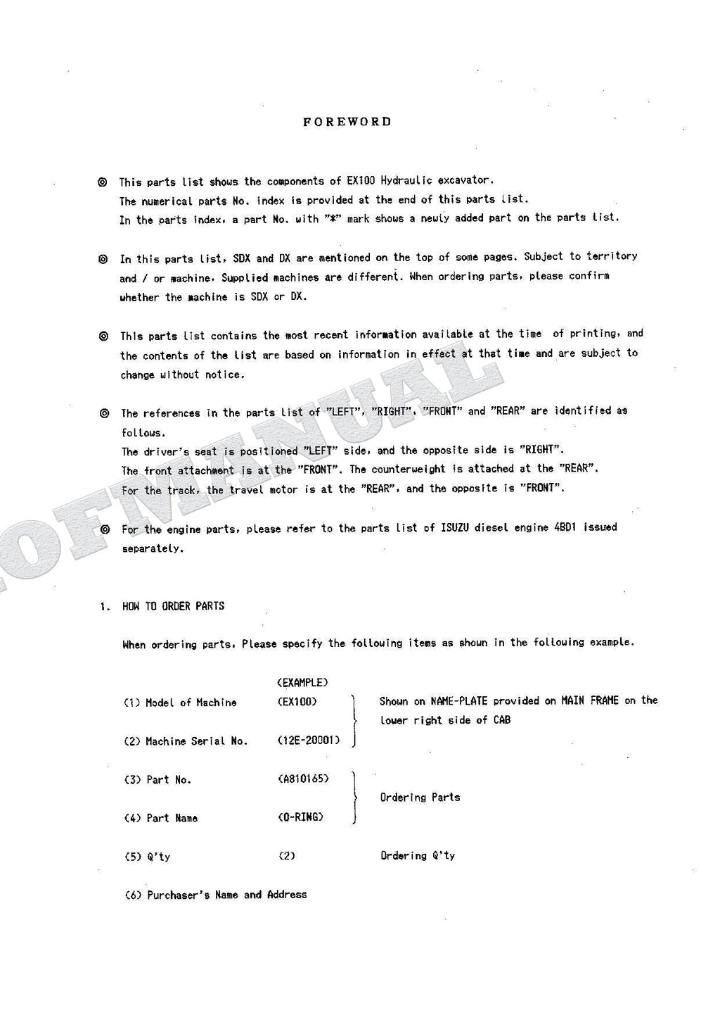 HITACHI EX100 Excavator Parts Catalog Manual SN 20001-