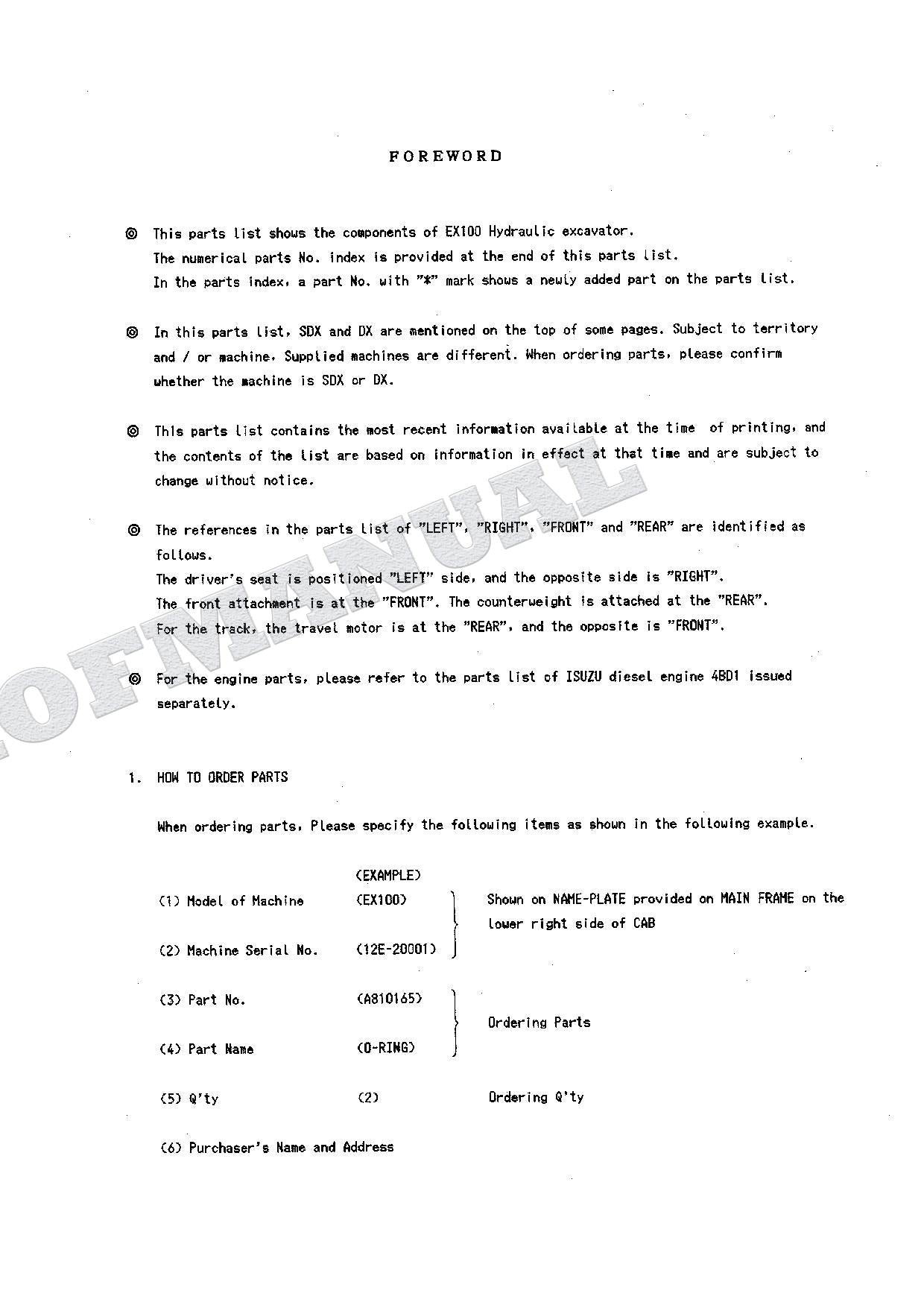 HITACHI EX100 Excavator Parts Catalog Manual SN 20001-