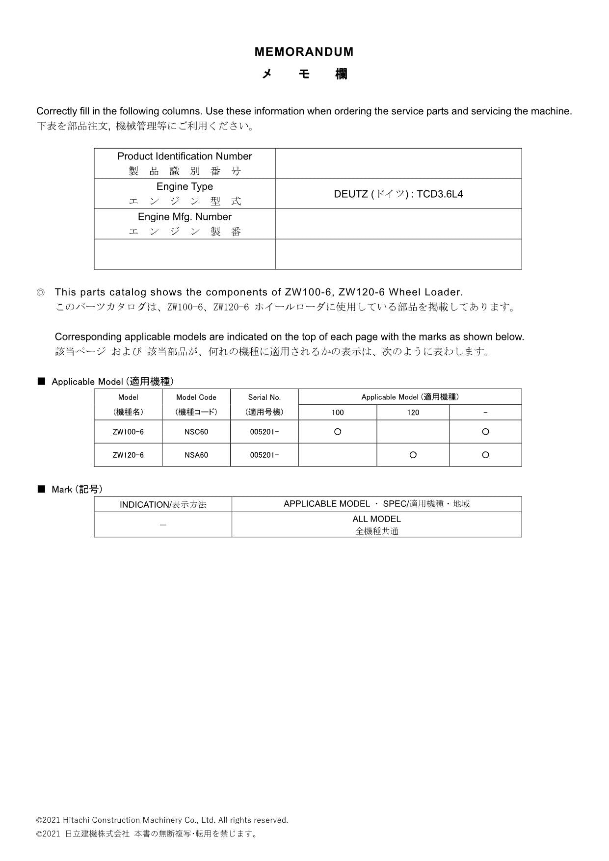 Hitachi ZW100-6 ZW120-6 NA Spec Equip Comps Wheel Loader Parts Catalog Manual