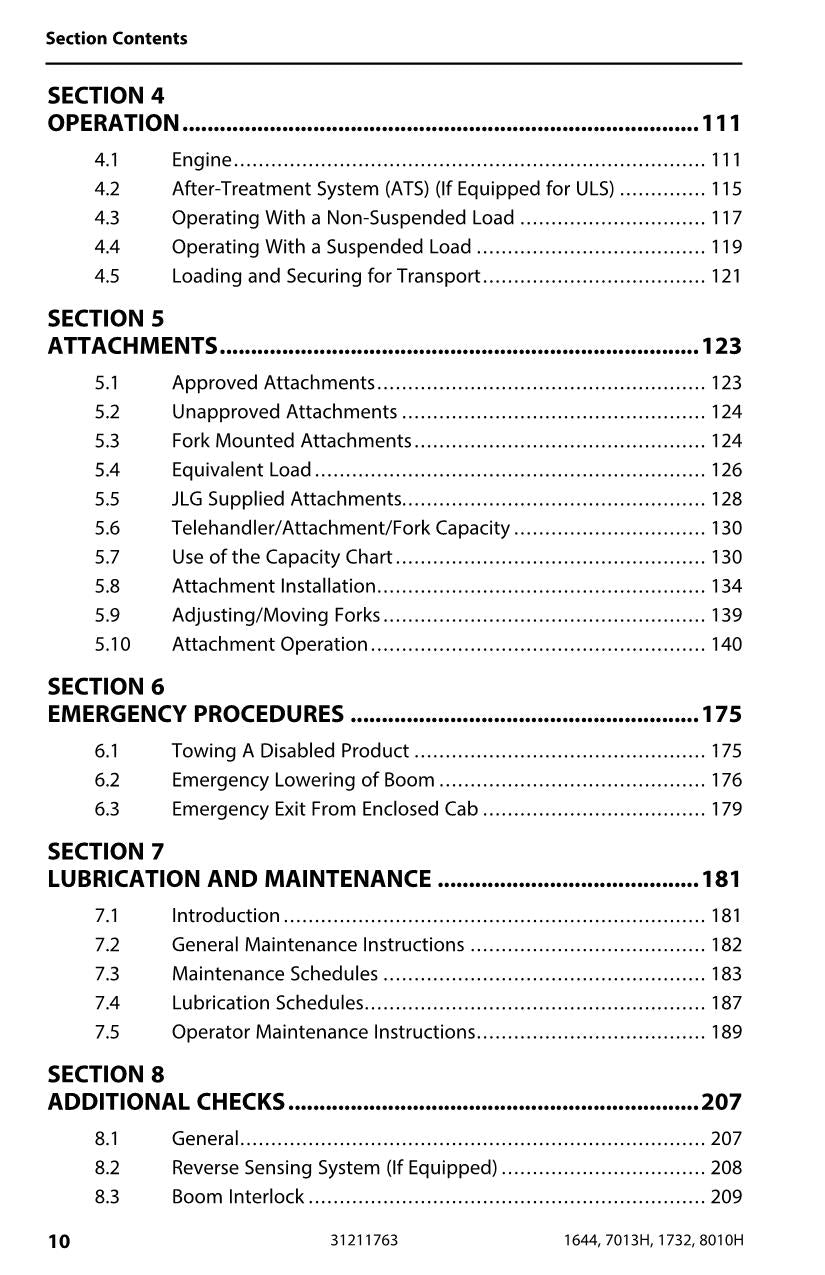 Manual del operador de mantenimiento de manipuladores telescópicos JLG 1644 1732 7013H 8010H 31211763