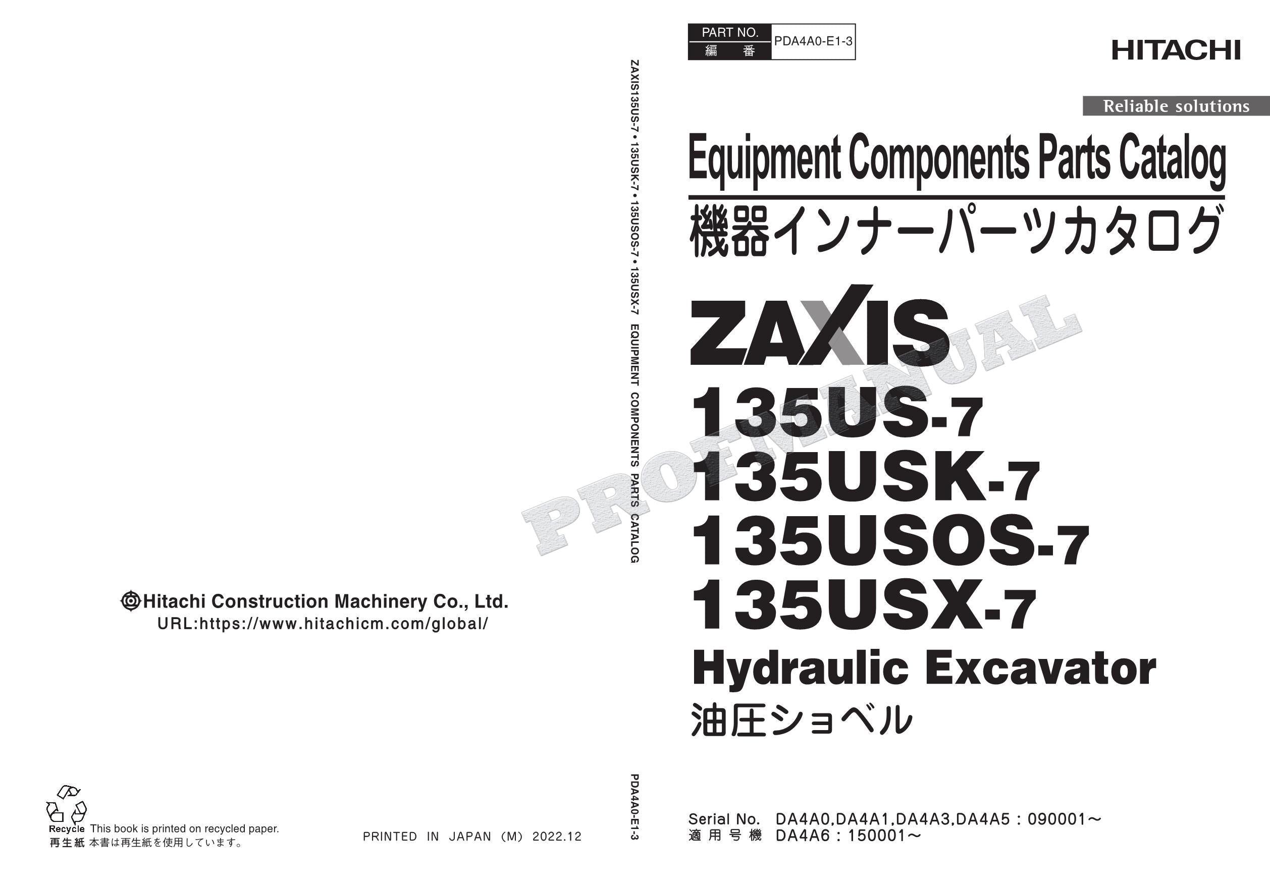 HITACHI 135USOS-7 135USX-7 Japan Spec Equipment Excavator Parts Catalog Manual