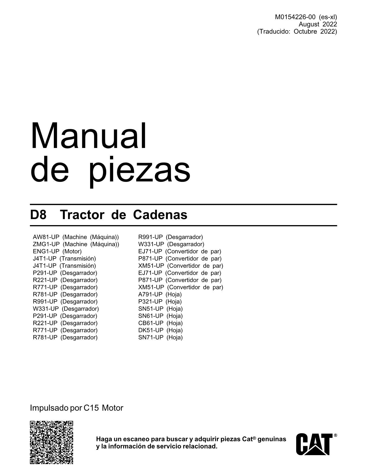 Caterpillar D8 Tractor de Cadenas Manual de piezas M0154226ES-XL Español