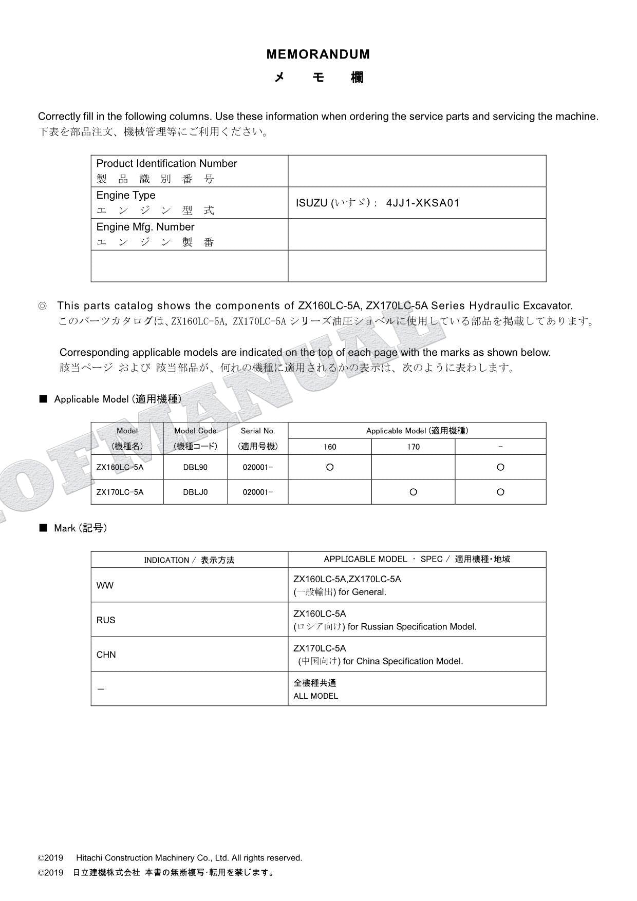 HITACHI ZAXIS ZX160LC-5A ZX170LC-5A Series Excavator Parts Catalog Manual