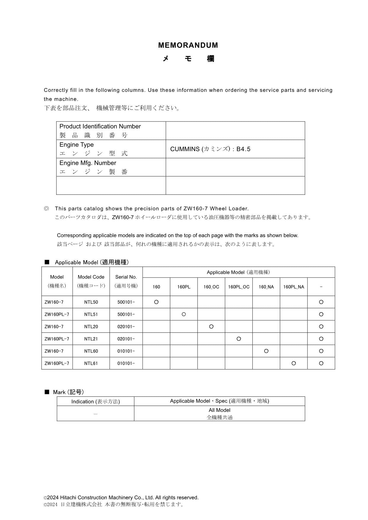 Hitachi ZW160-7 ZW160PL-7 Equipment Component Wheel Loader Parts Catalog Manual
