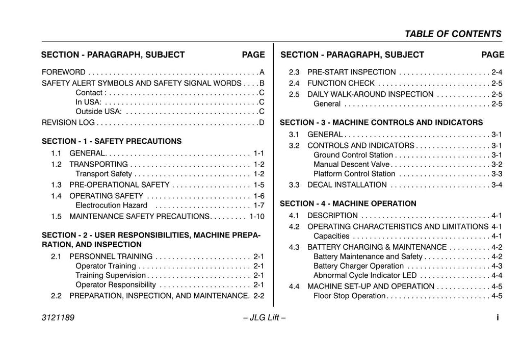 JLG 19AMI Vertical Mast Maintenance Operation Operators Manual