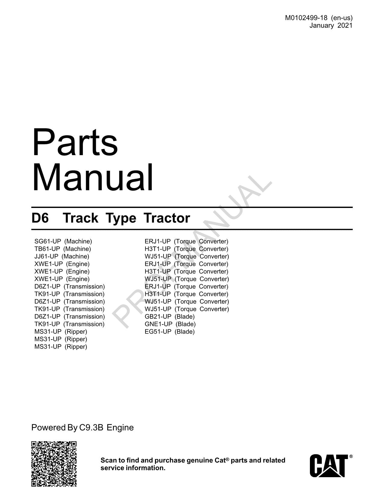 Caterpillar Cat D6 Track Type Tractor Parts Catalog Manual M0102499