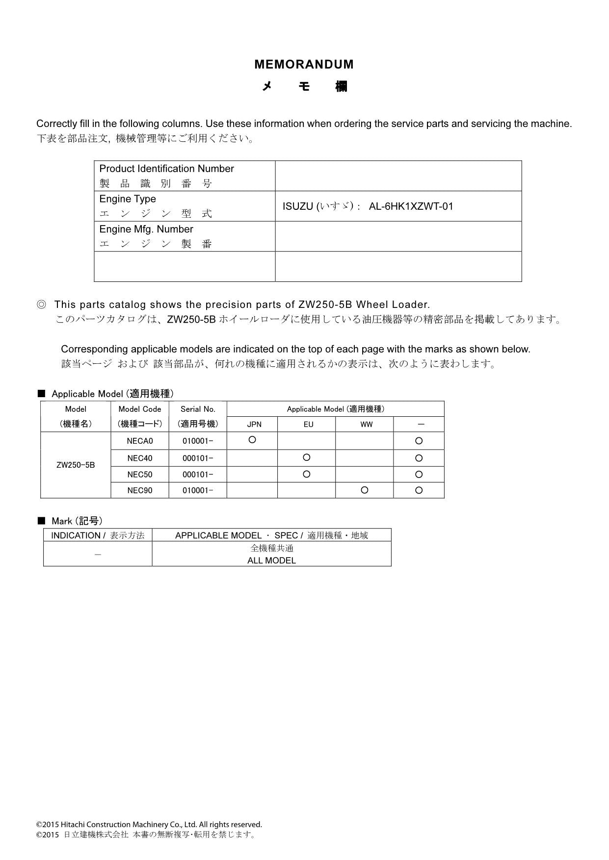 Hitachi ZW250-5B Equipment Component Wheel Loader Parts Catalog Manual