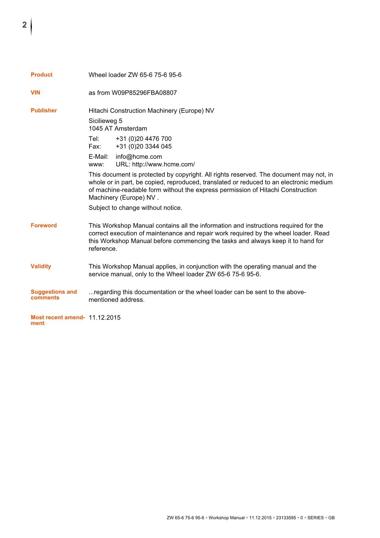 Hitachi ZW65-6 ZW75-6 ZW95-6 Wheel Loader Workshop Manual