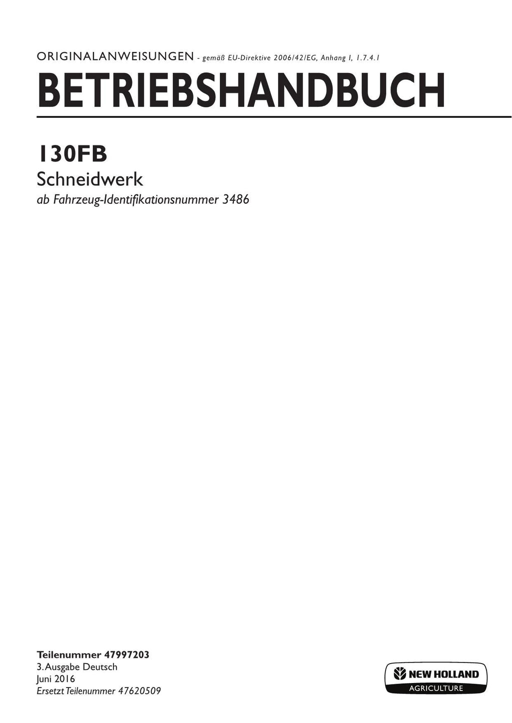 New Holland 130FB Schneidwerk Betriebsanleitung