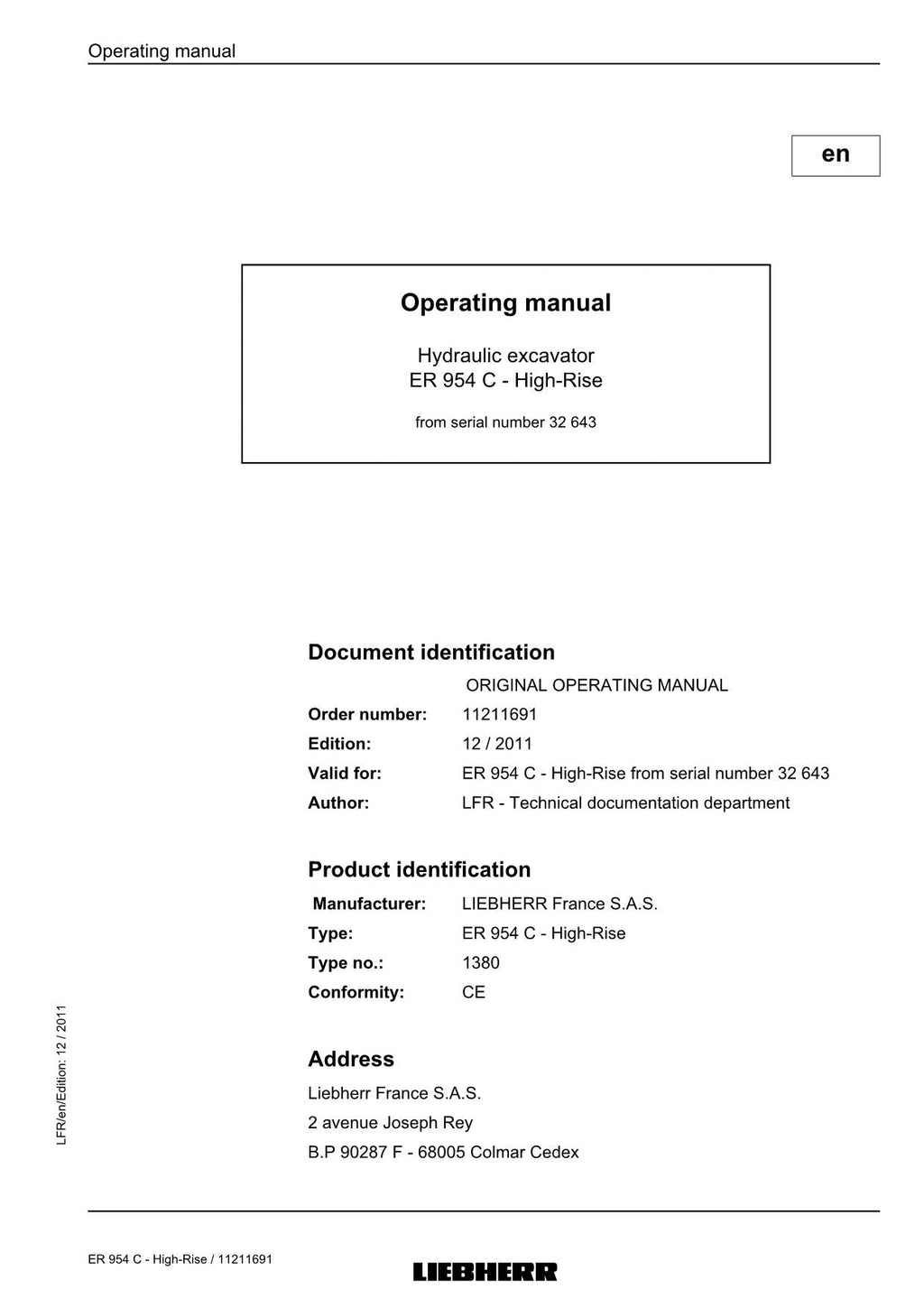Liebherr ER954 C - High-Rise Excavator Operators manual