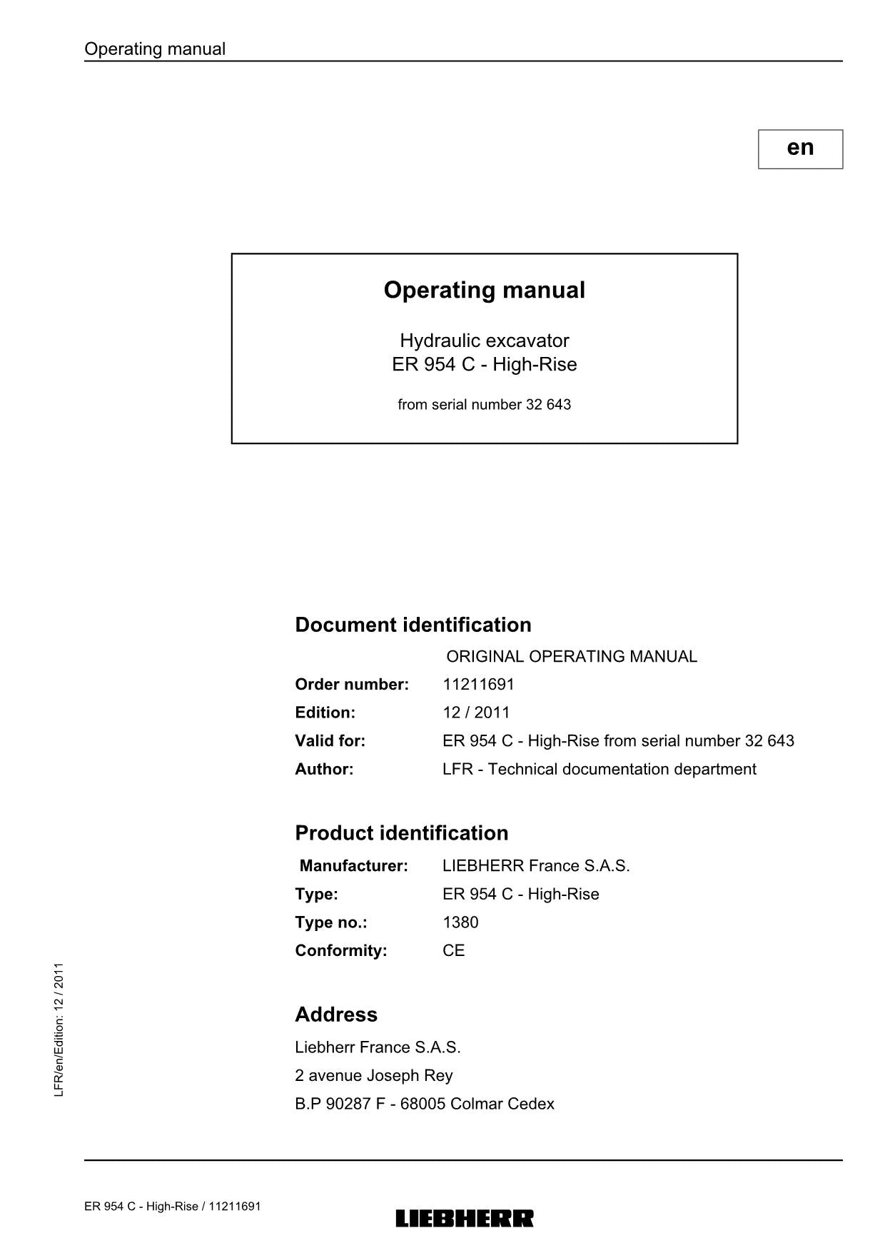 Liebherr ER954 C - High-Rise Excavator Operators manual