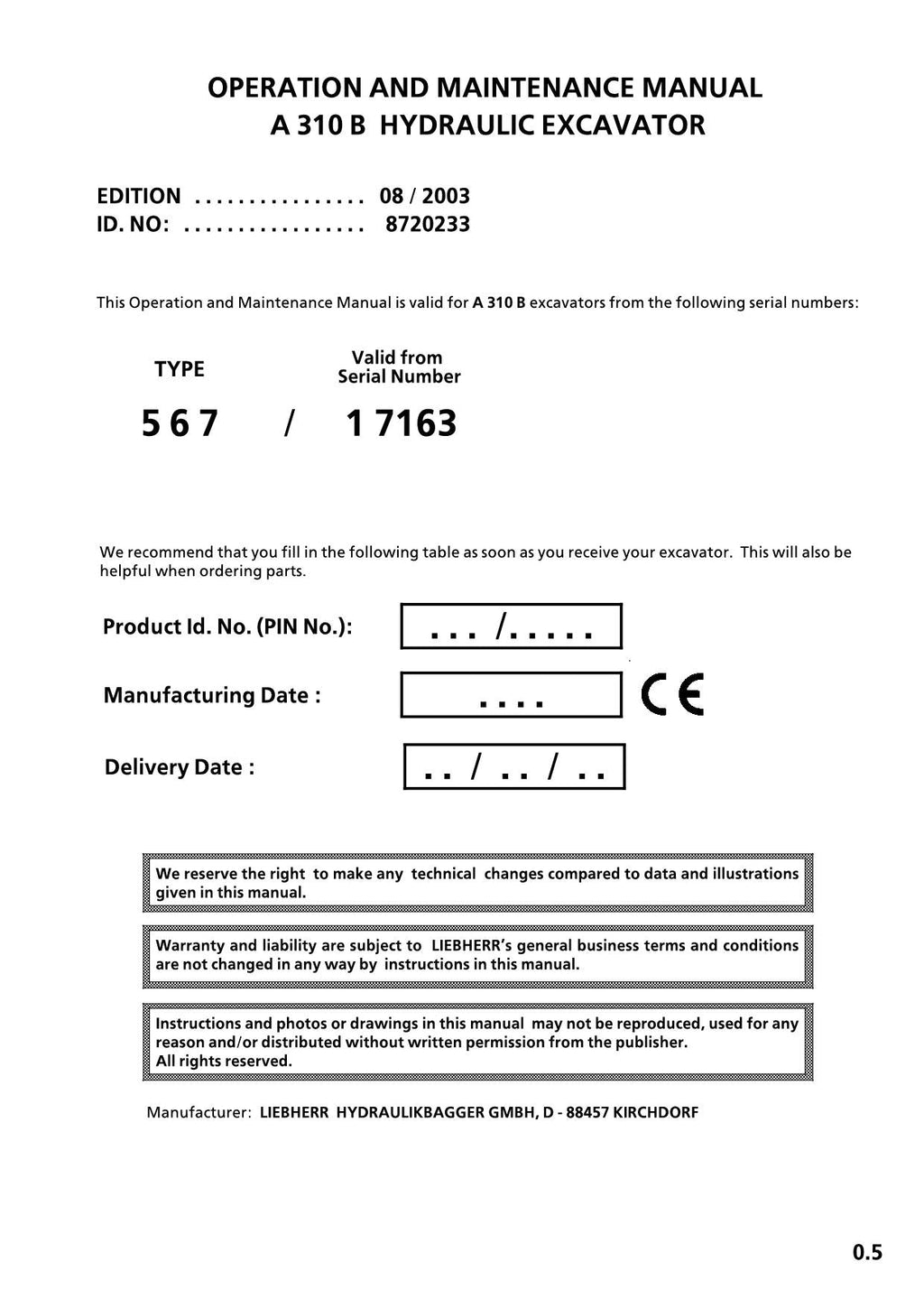 Liebherr A310B Excavator  Operators manual