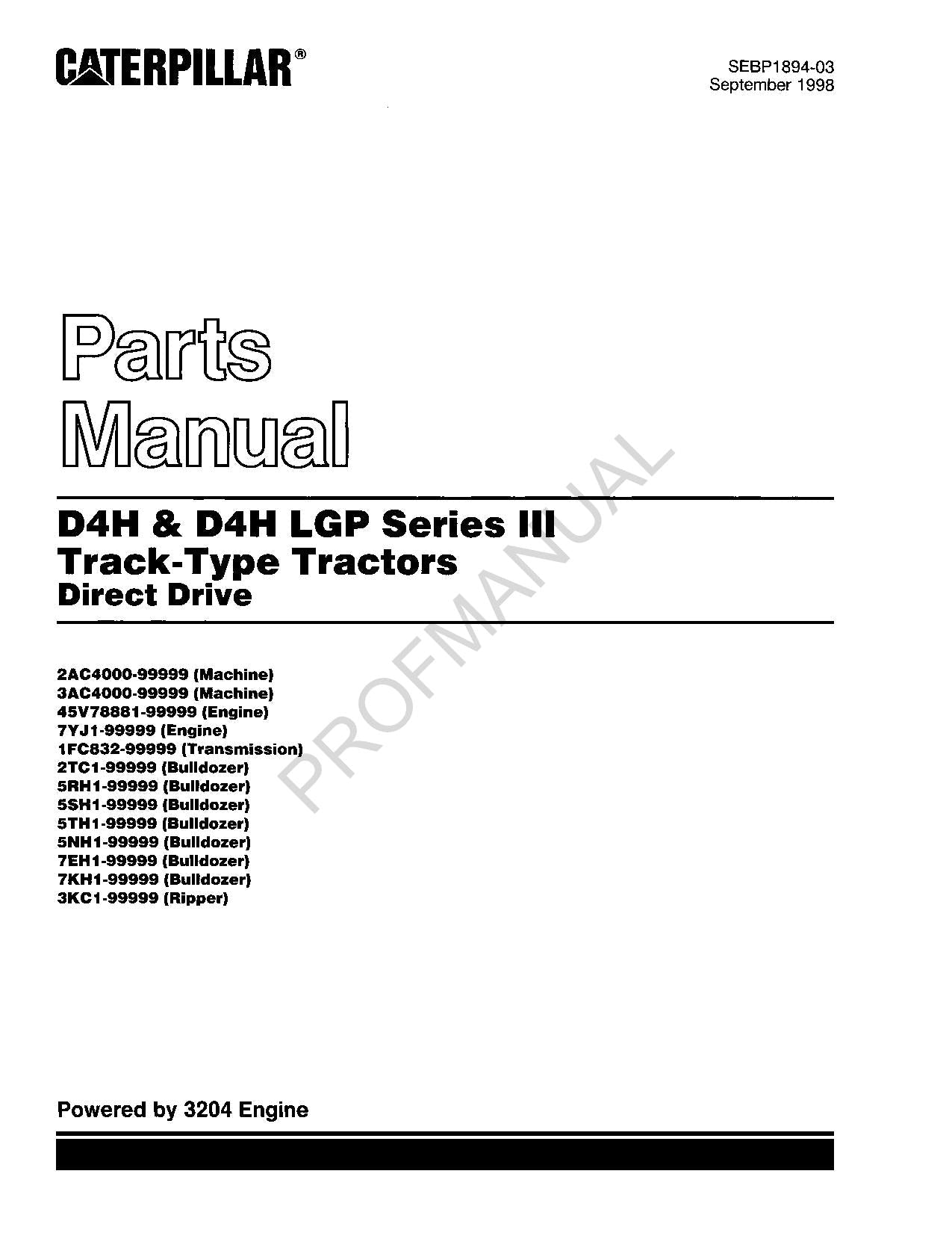 Catálogo de piezas del tractor de cadenas Caterpillar D4H D4H LGP Serie 3 Manual SEBP1894