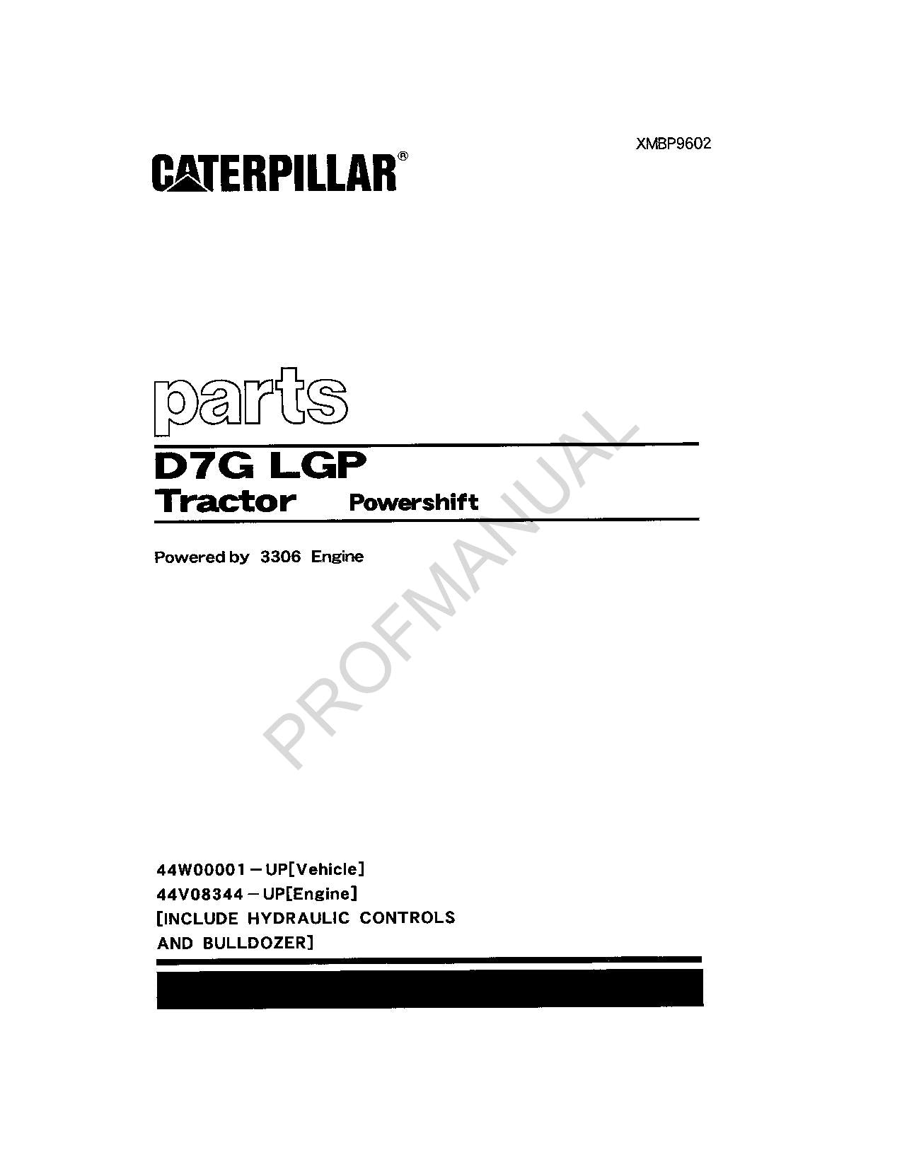 Caterpillar Cat D7G LGP Tractor Powershift Parts Catalog Manual XMBP9602