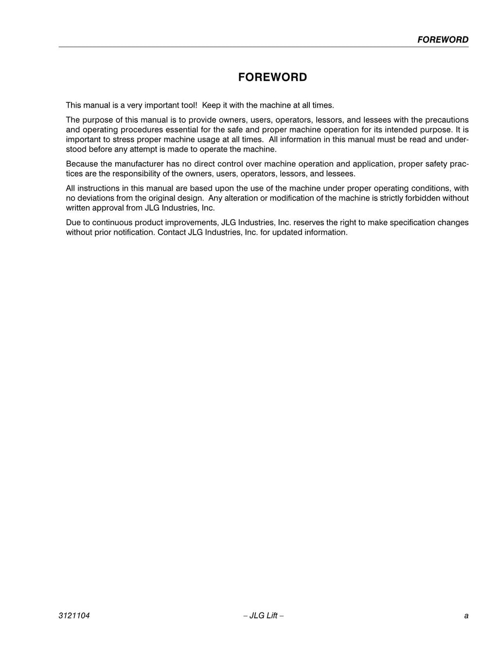 Manual del operador de mantenimiento de plataformas elevadoras JLG 100SX 110SX 110SXJ 120SXJ 3121104