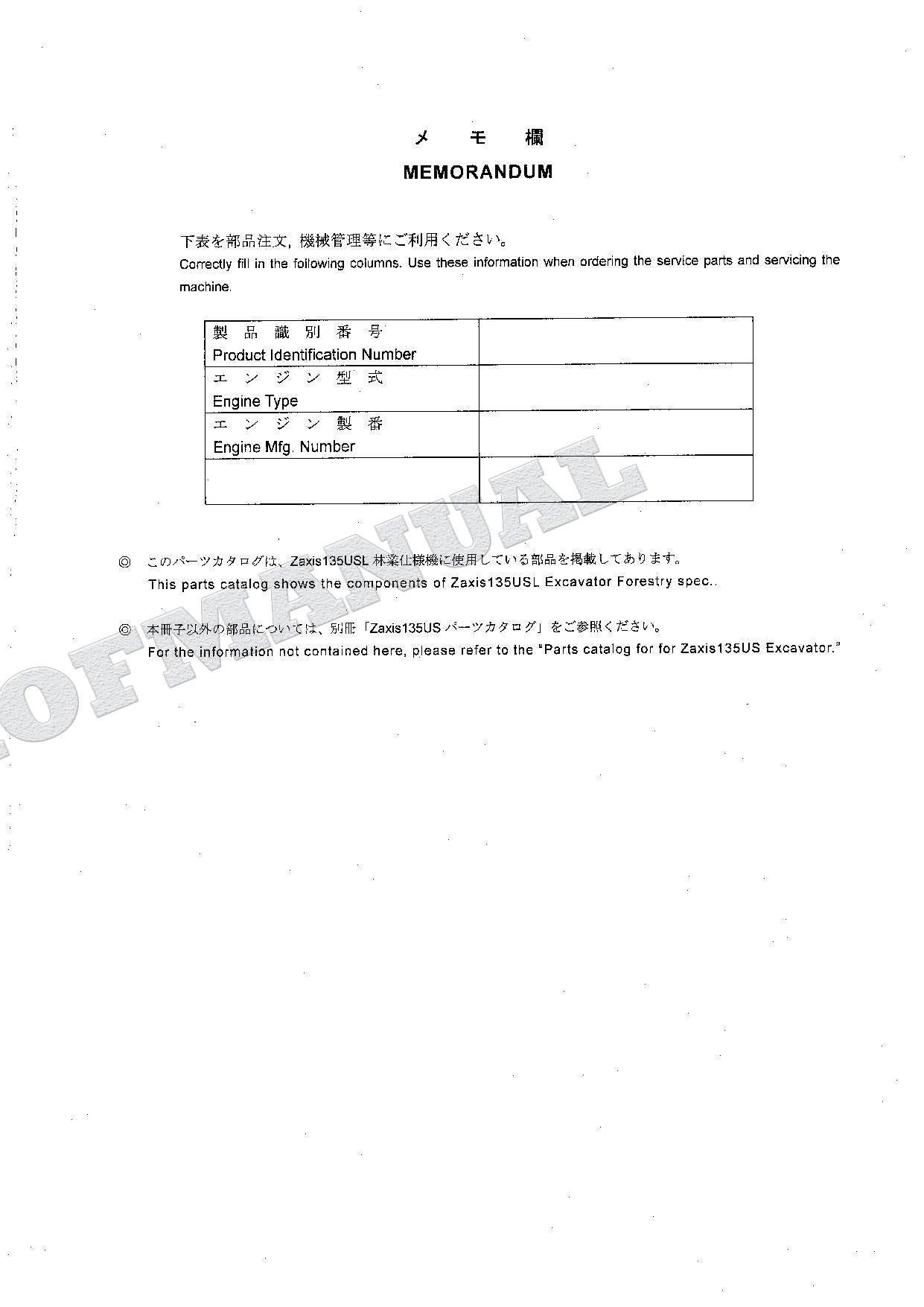 HITACHI ZAXIS ZX135USL Forestry Spec Excavator Parts Catalog Manual