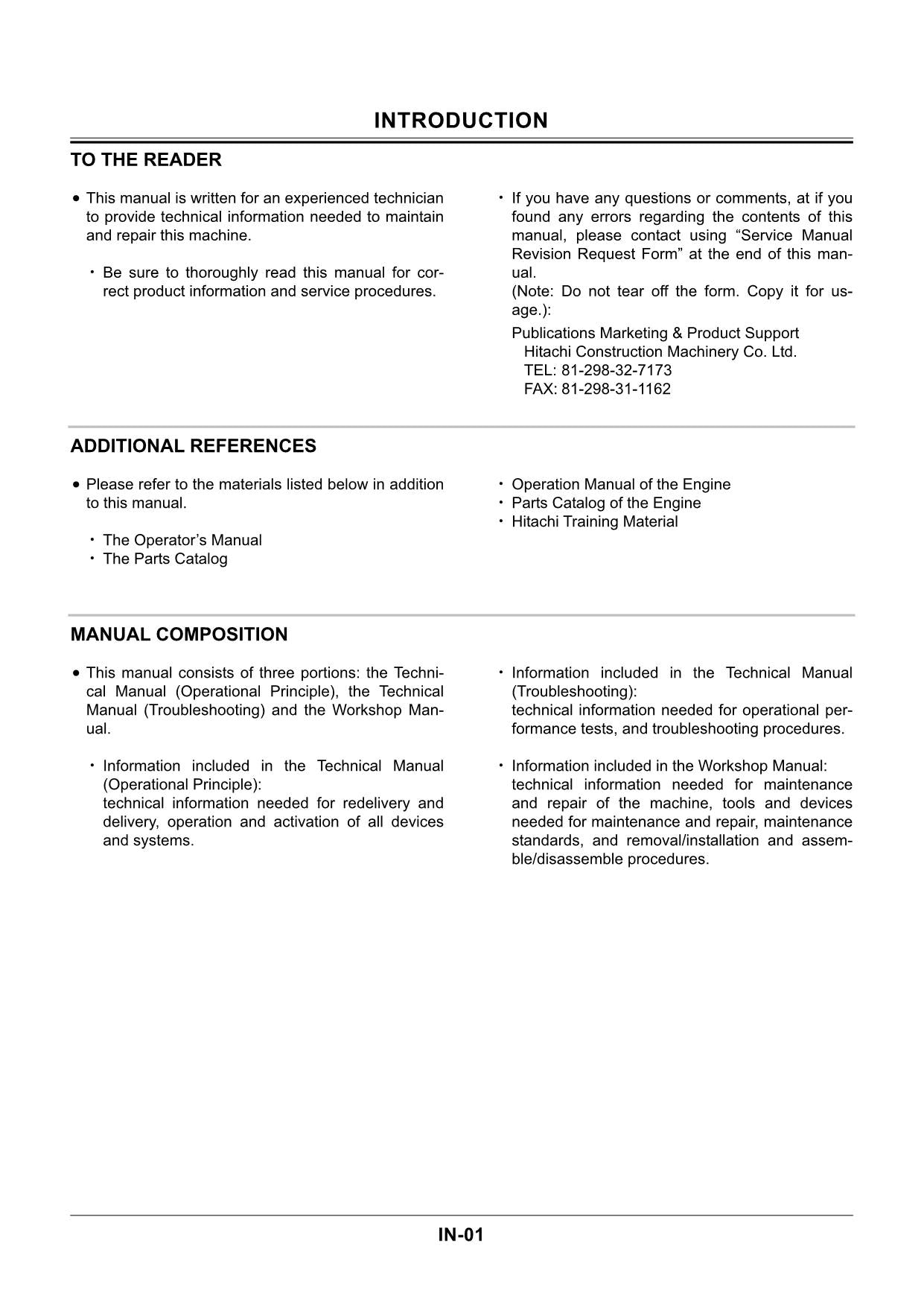 HITACHI ZAXIS ZX160W Excavator Operational Principle Technical Manual