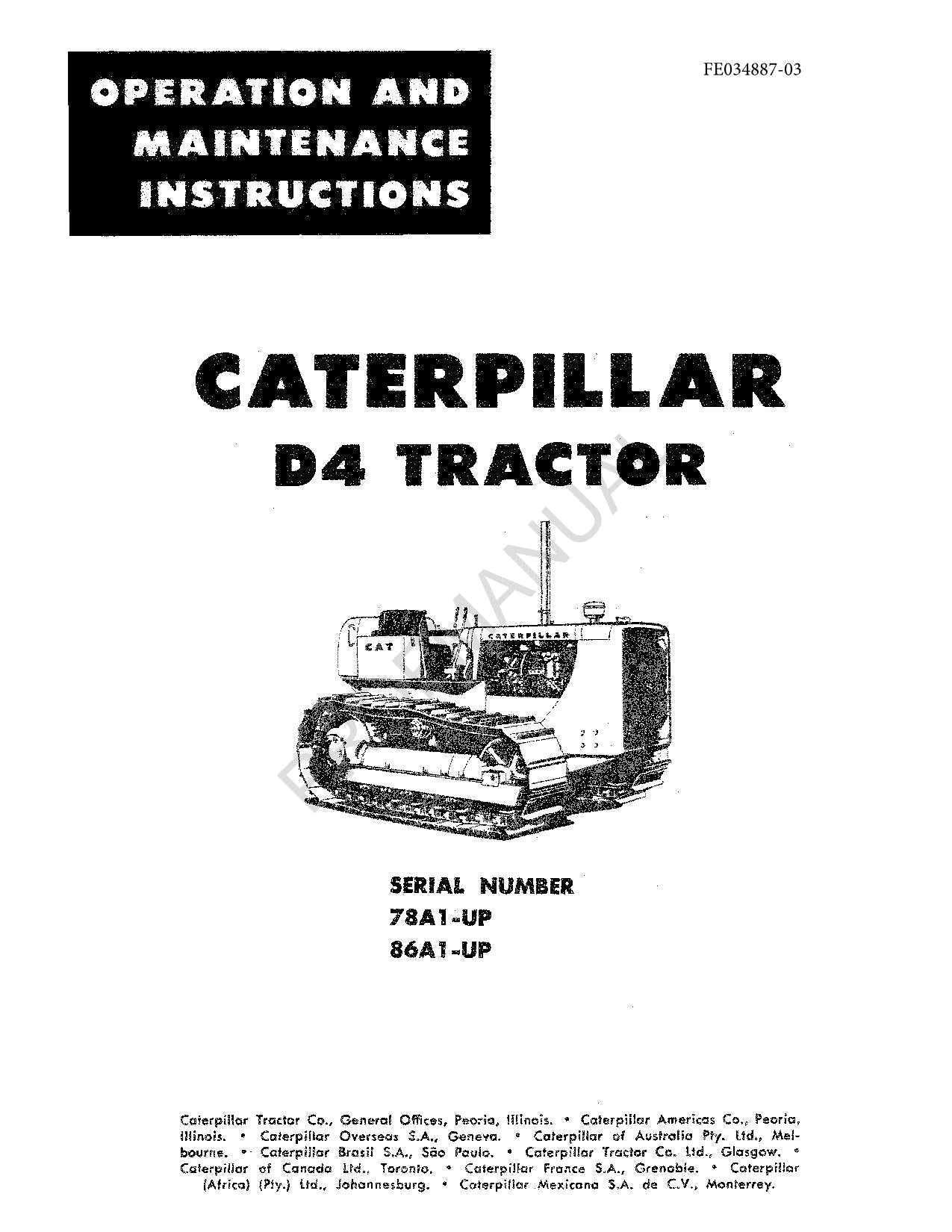 Caterpillar D4 Tractor Operators Maintenance Manual ser 86A1-Up 78A1-Up