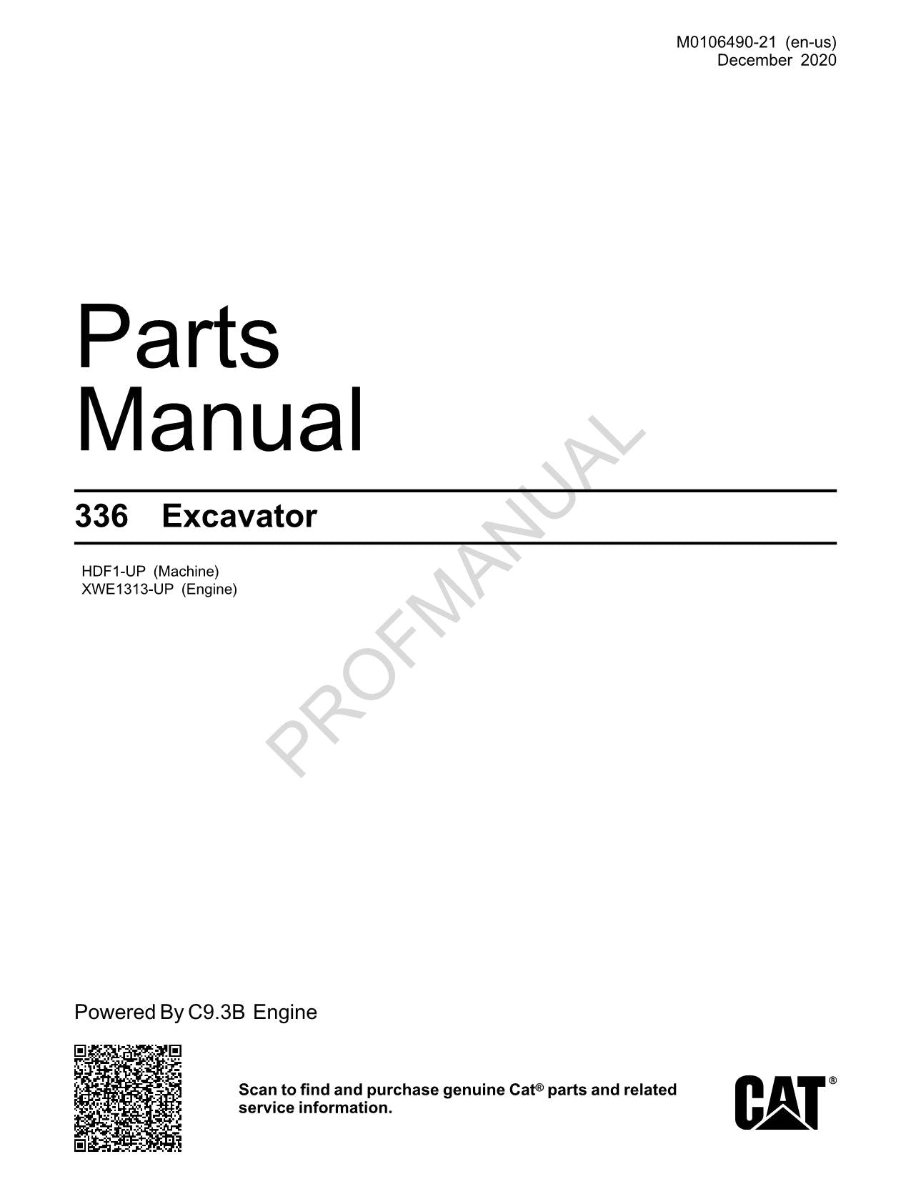 Caterpillar Cat 336 Excavator Parts Catalog Manual ser HDF1-Up XWE1313-Up