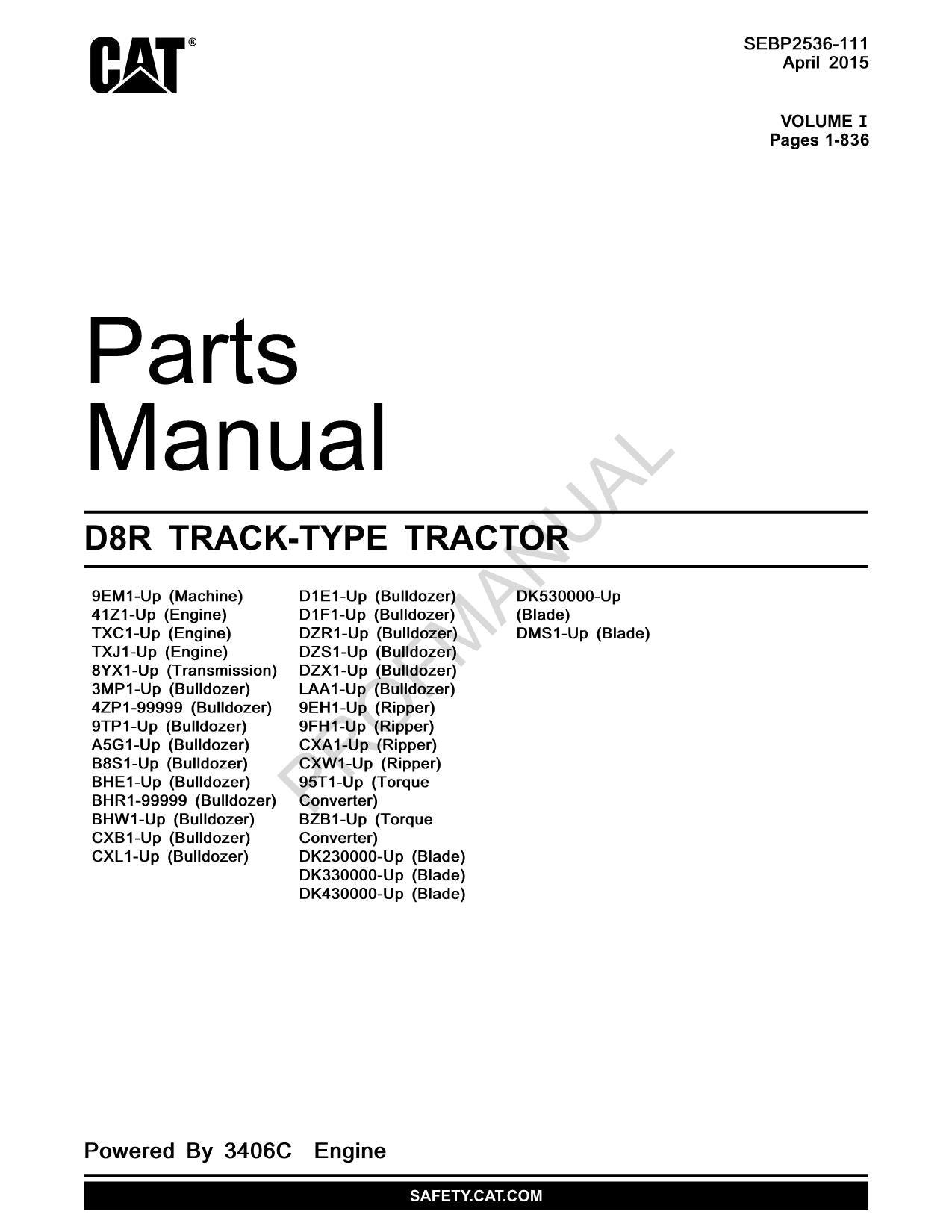 Caterpillar Cat 1 D8R Track Type Tractor Parts Catalog Manual SEBP2536
