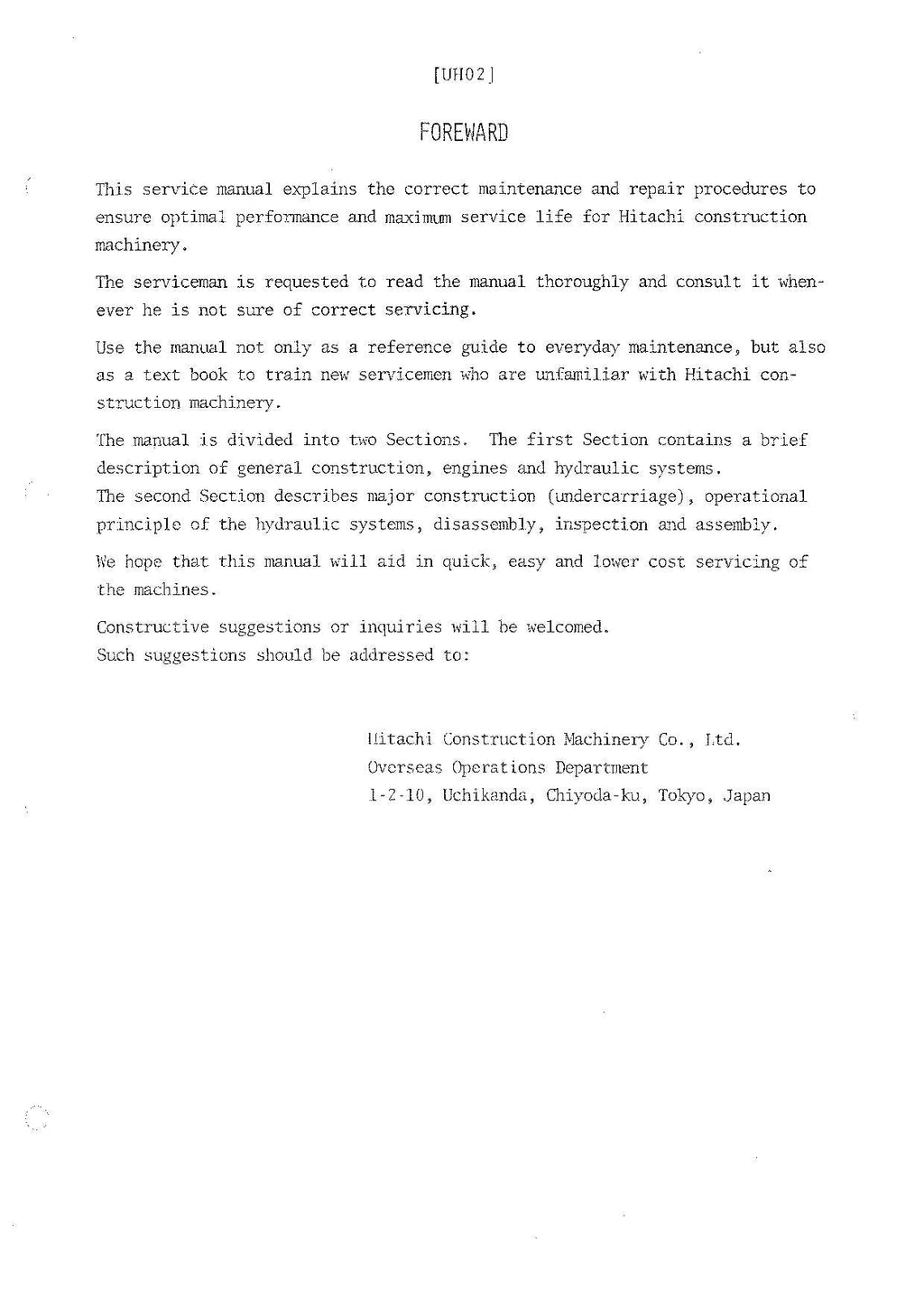 HITACHI UH02 WH03 Excavator Service Manual