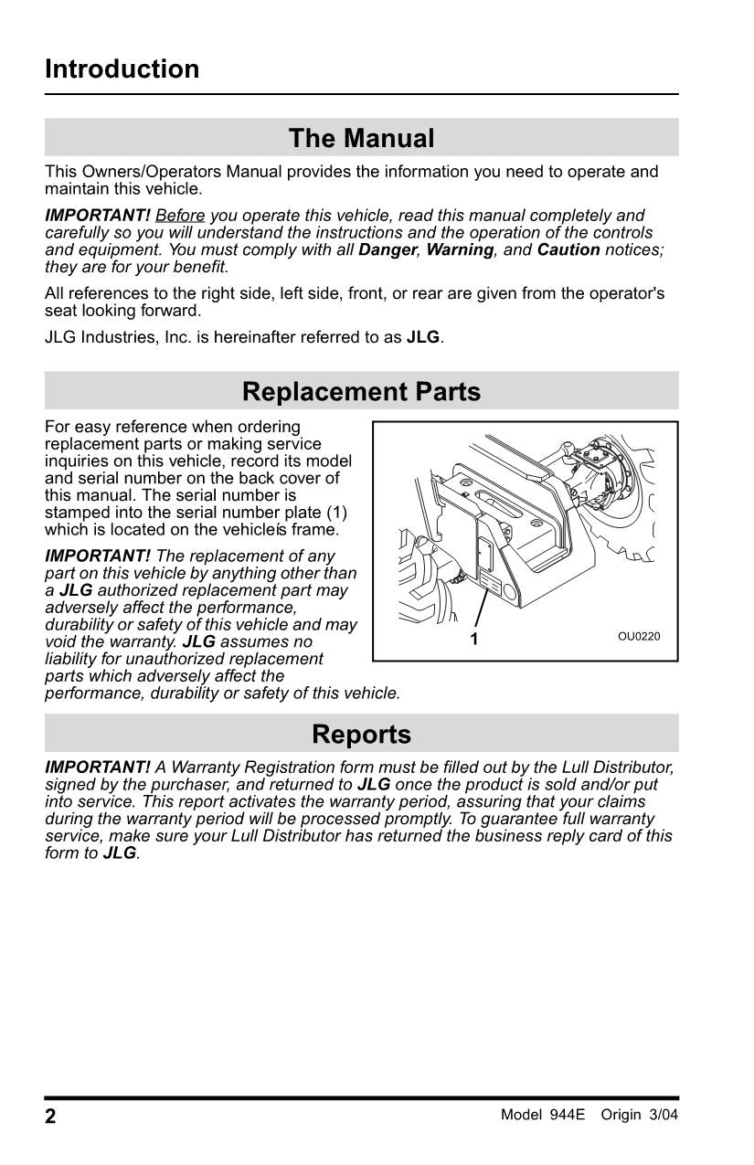 LULL 944E-38 Telehandler Maintenance Operation Operators Manual